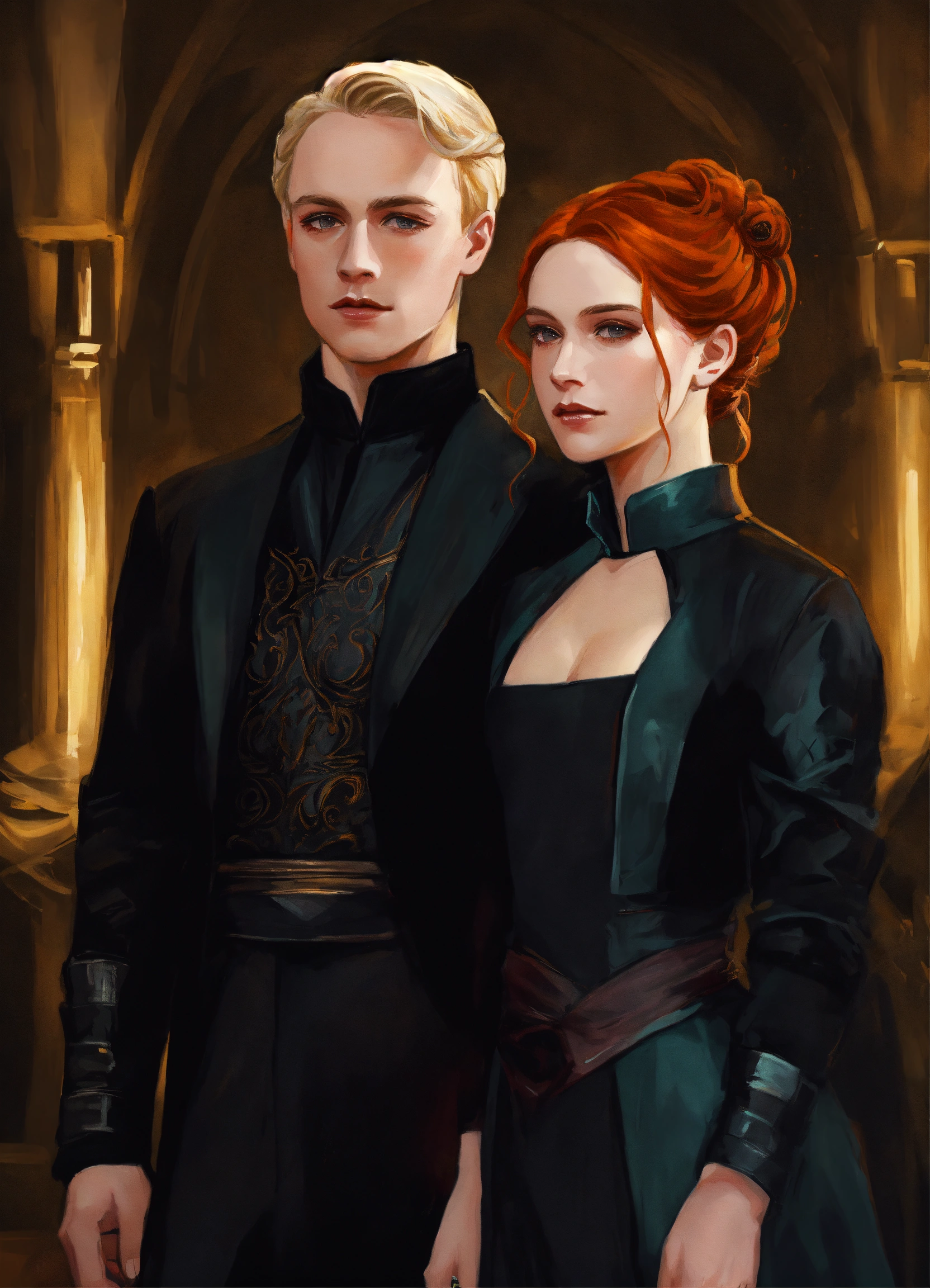 Digital art painting portrait of two star wars nobles who look like draco m...