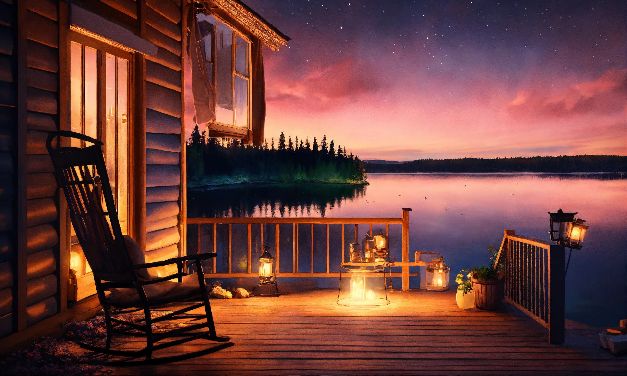 Lexica - Epic shot of ultra detailed and cozy porch in Sweden at a lake ...