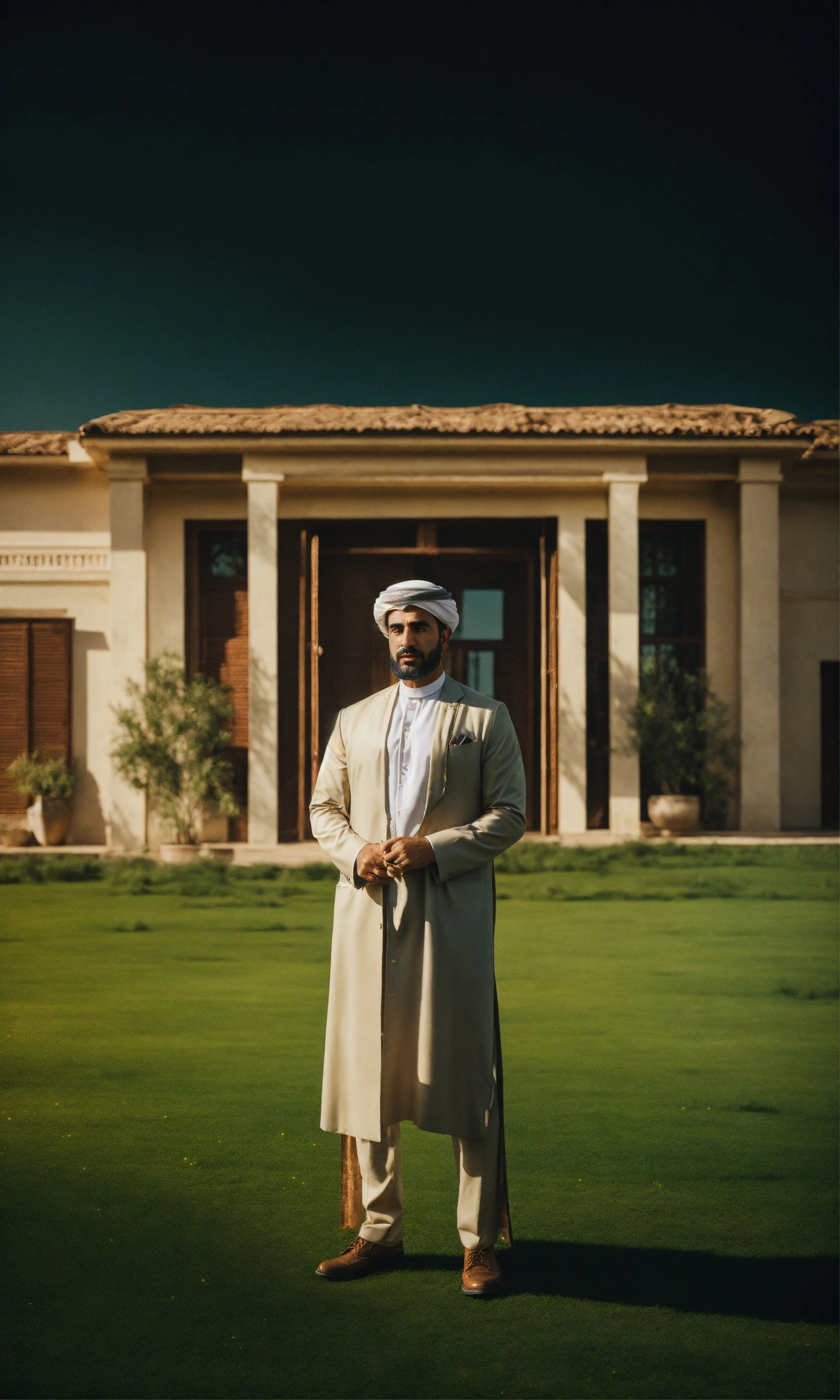 Lexica - A wealthy middle eastern man standing in front of a big house ...