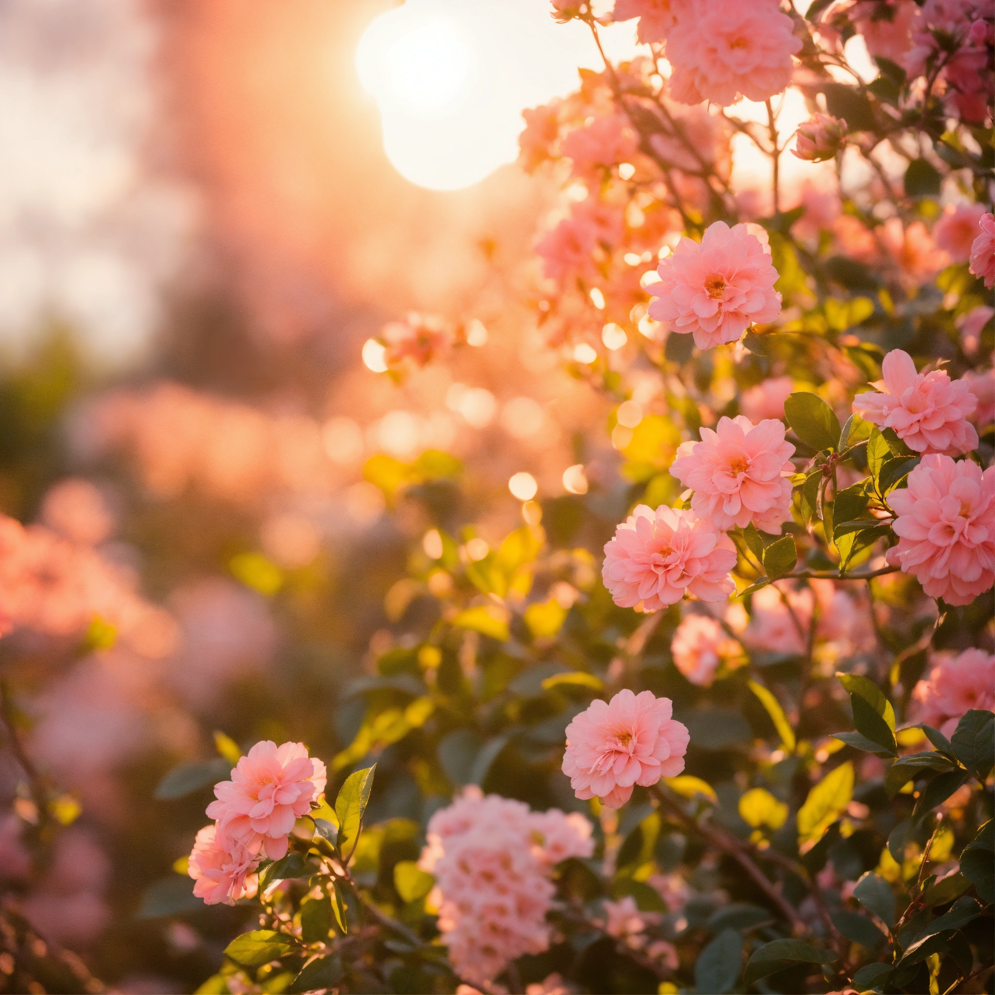 Lexica - Peachy pink loops with blurry flowers and the sun