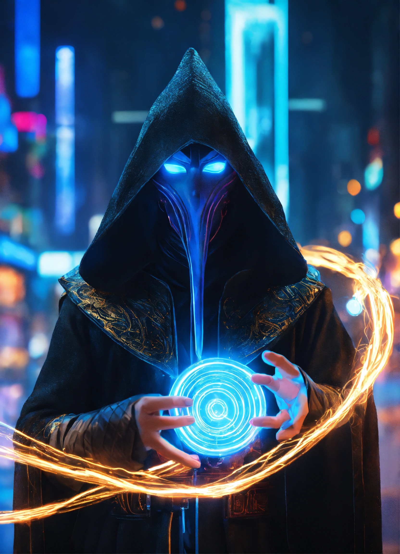 Lexica - A black and blue cloaked wizard casting a spell, masked ...