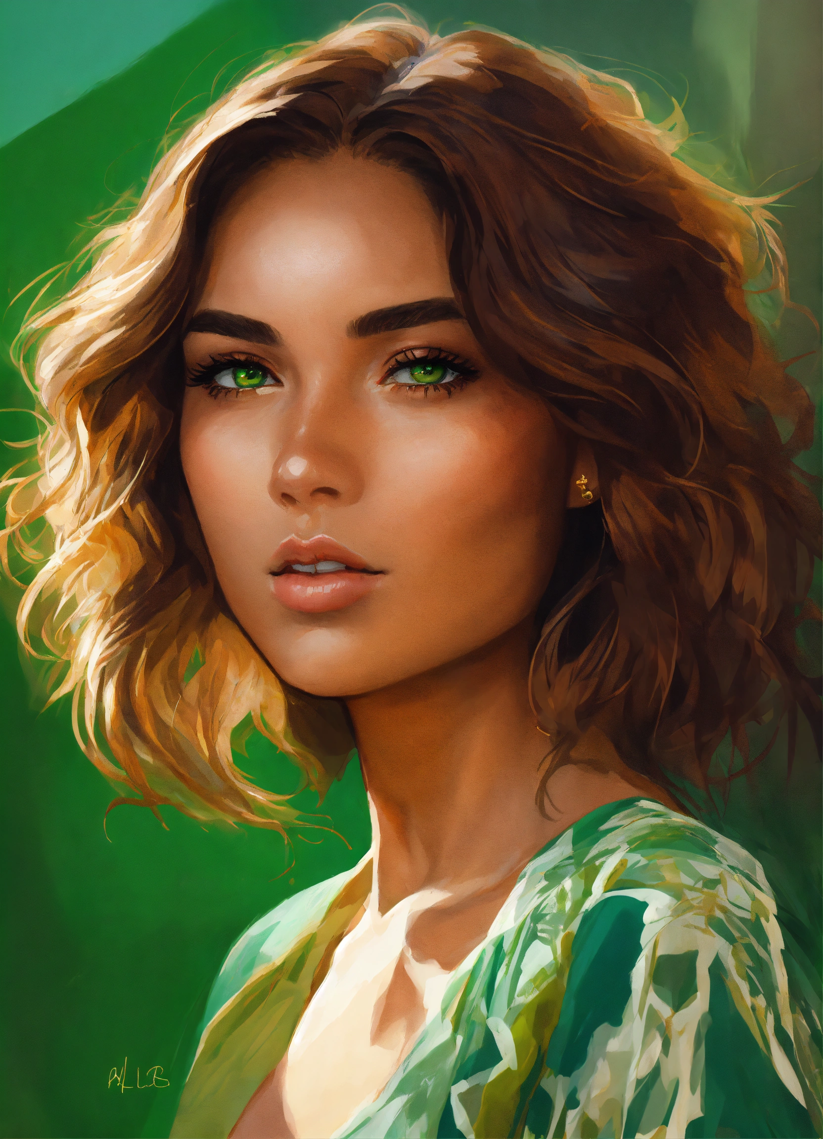 Lexica - A digital portrait of a woman with golden tan skin, green eyes ...