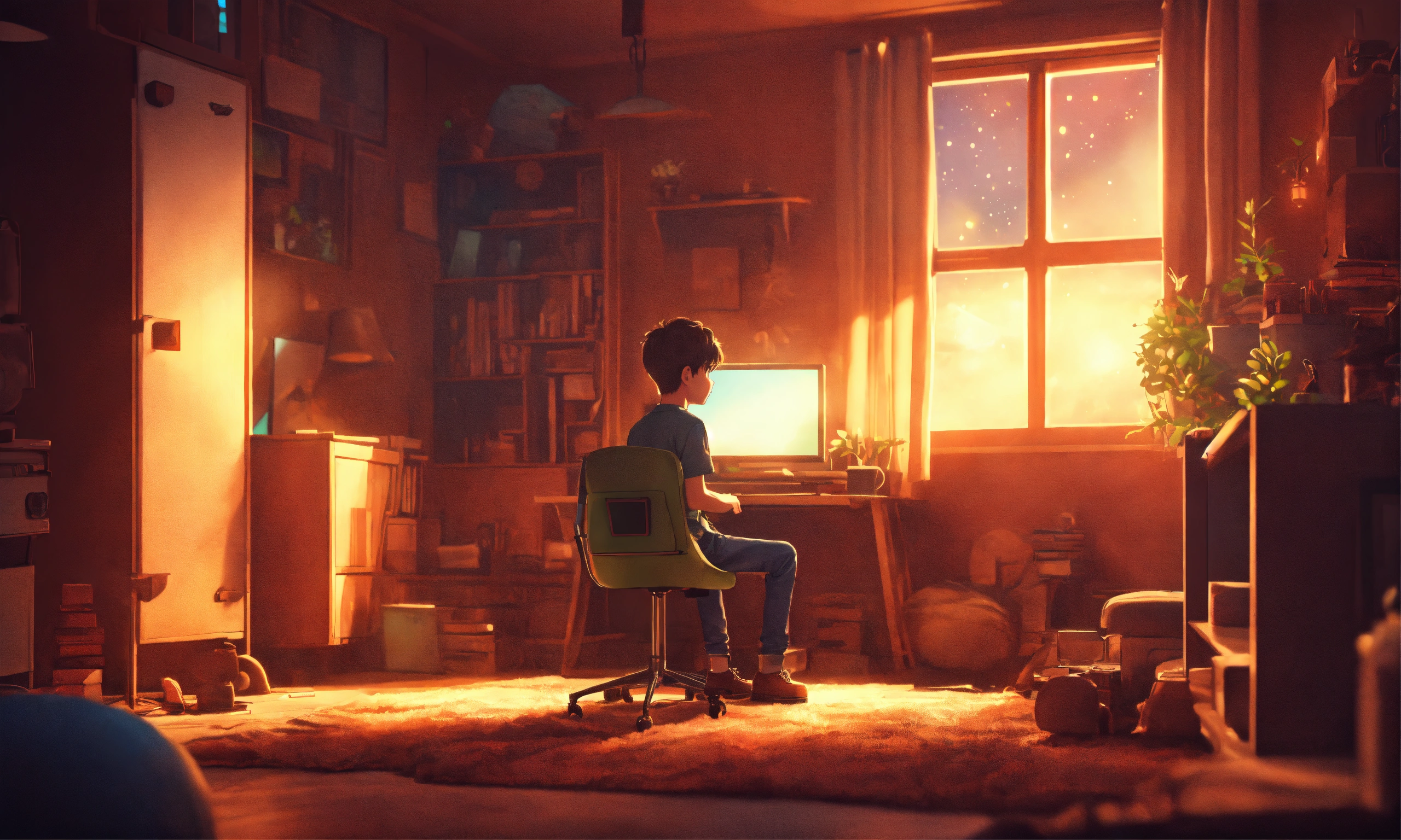 Lexica - A boy sitting in his cozy room, looking at a computer, dreamy ...