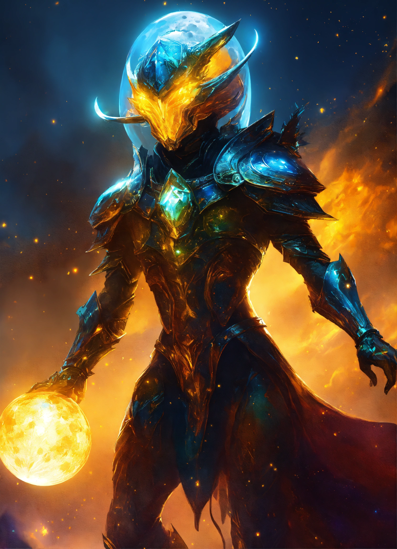 Lexica - A menacing alien entity with crystal armor flying, moonlit ...