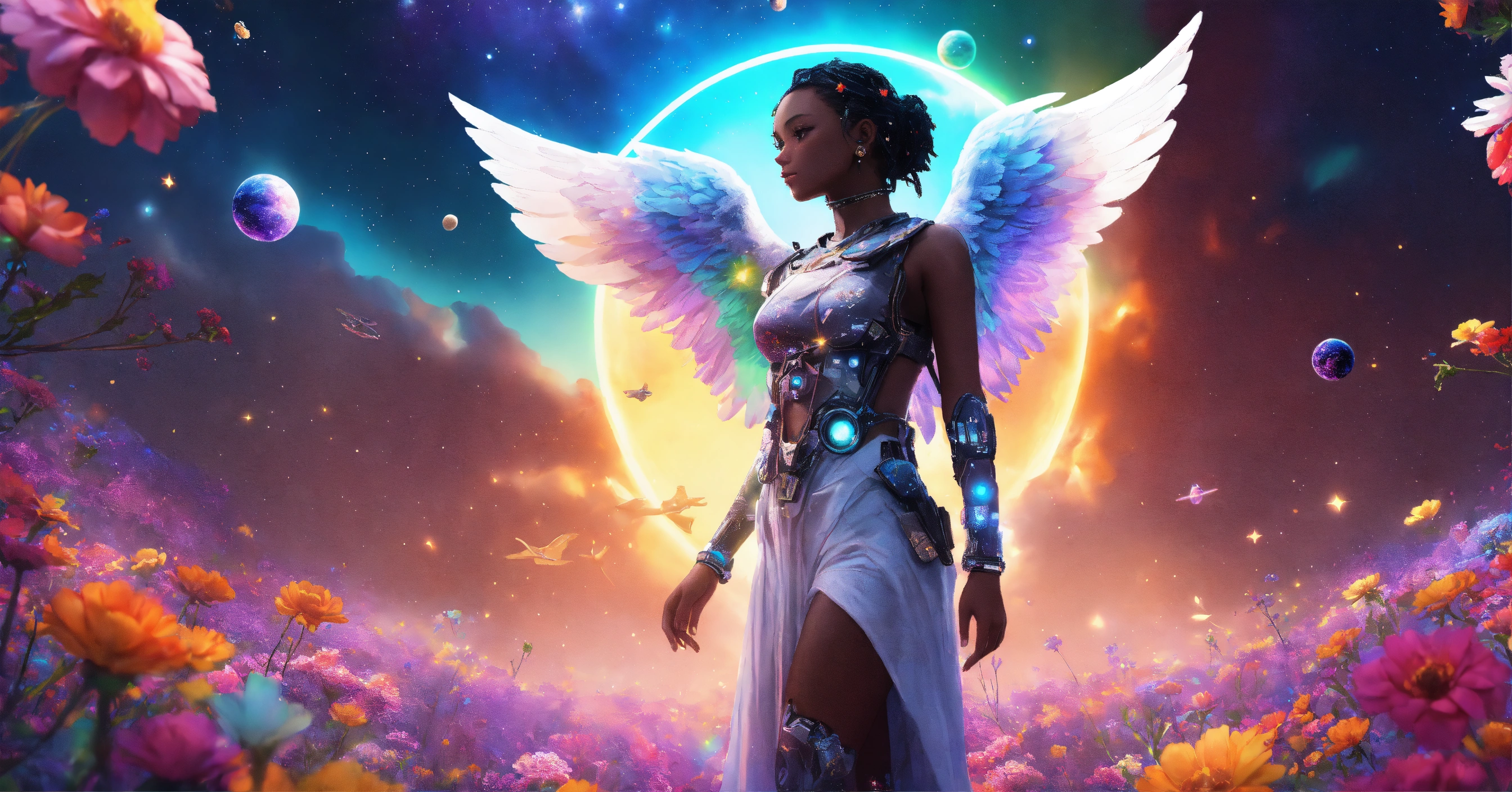 Lexica - Cyberpunk black skinned angel with white wings, wearing a cute ...