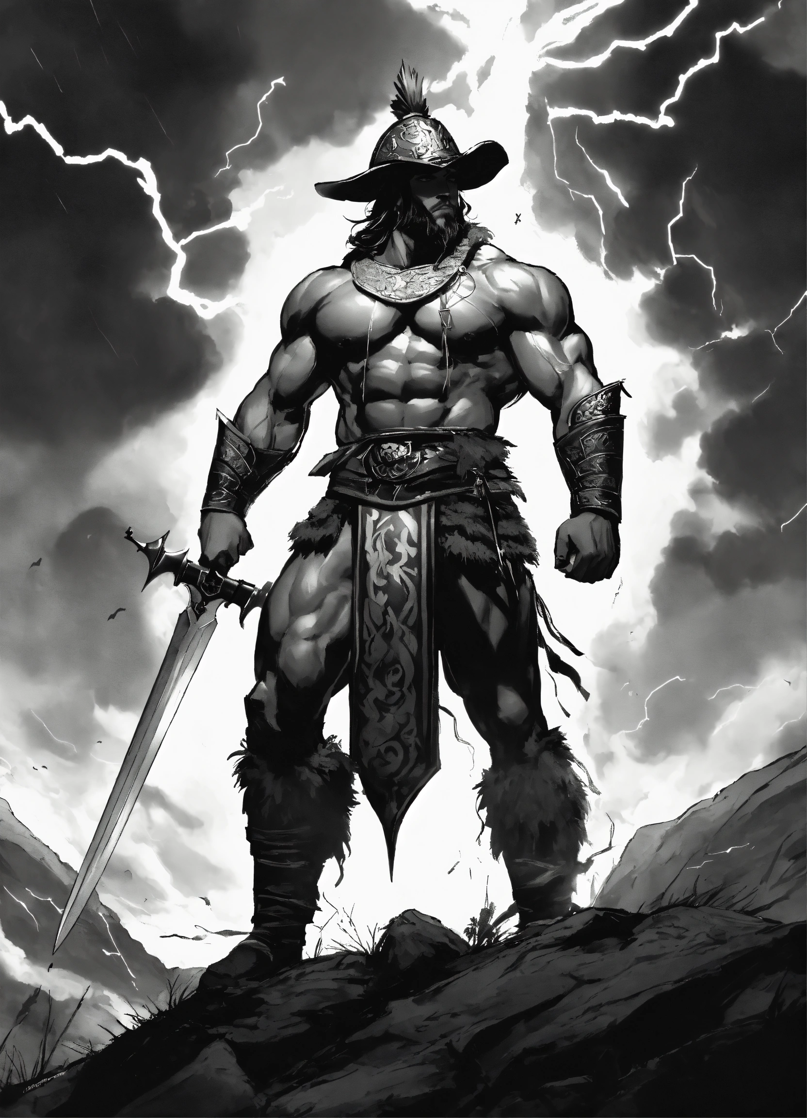 Lexica - A black and white illustration of a majestic warrior, serious ...
