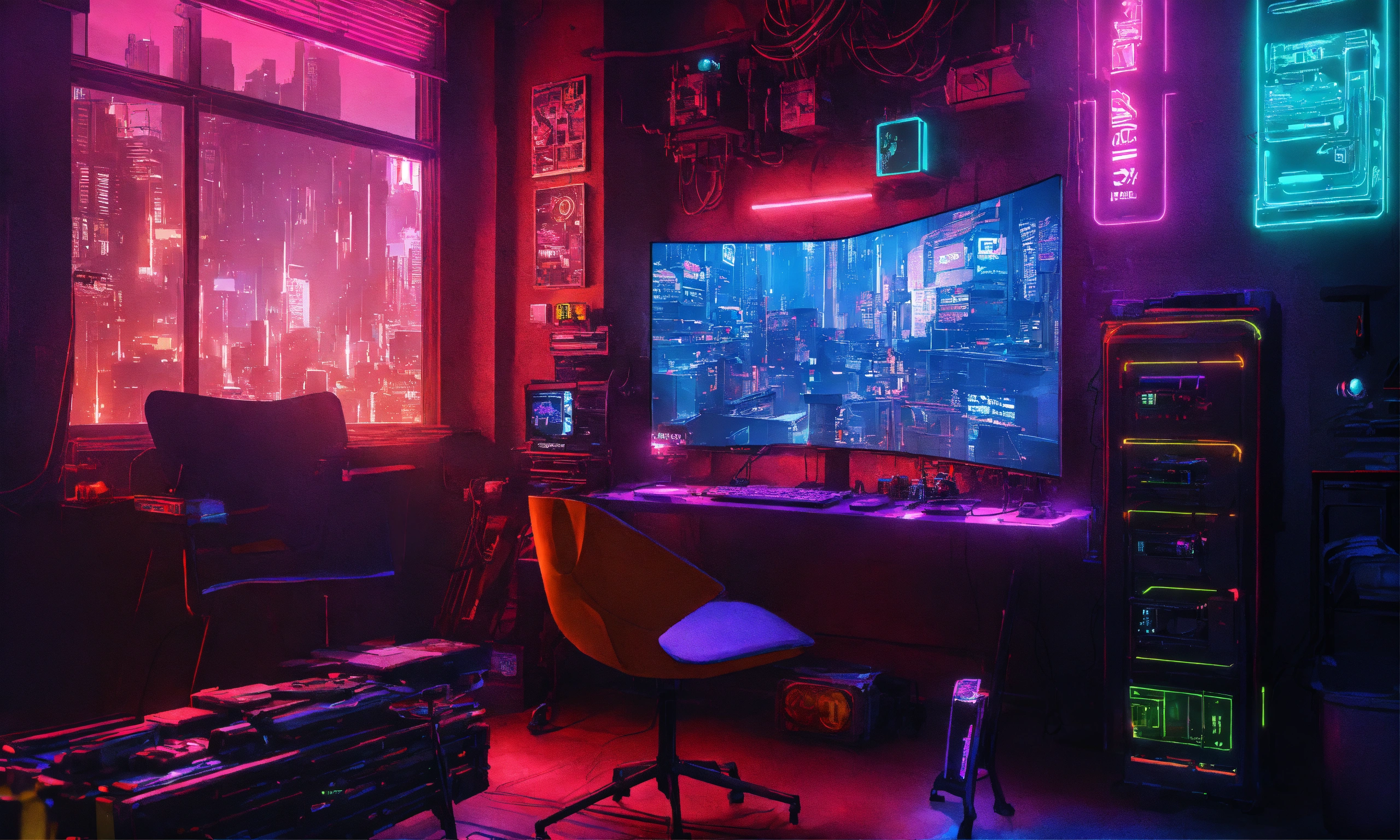 Lexica - A cyberpunk room with a PC setup that has a stark aesthetic ...