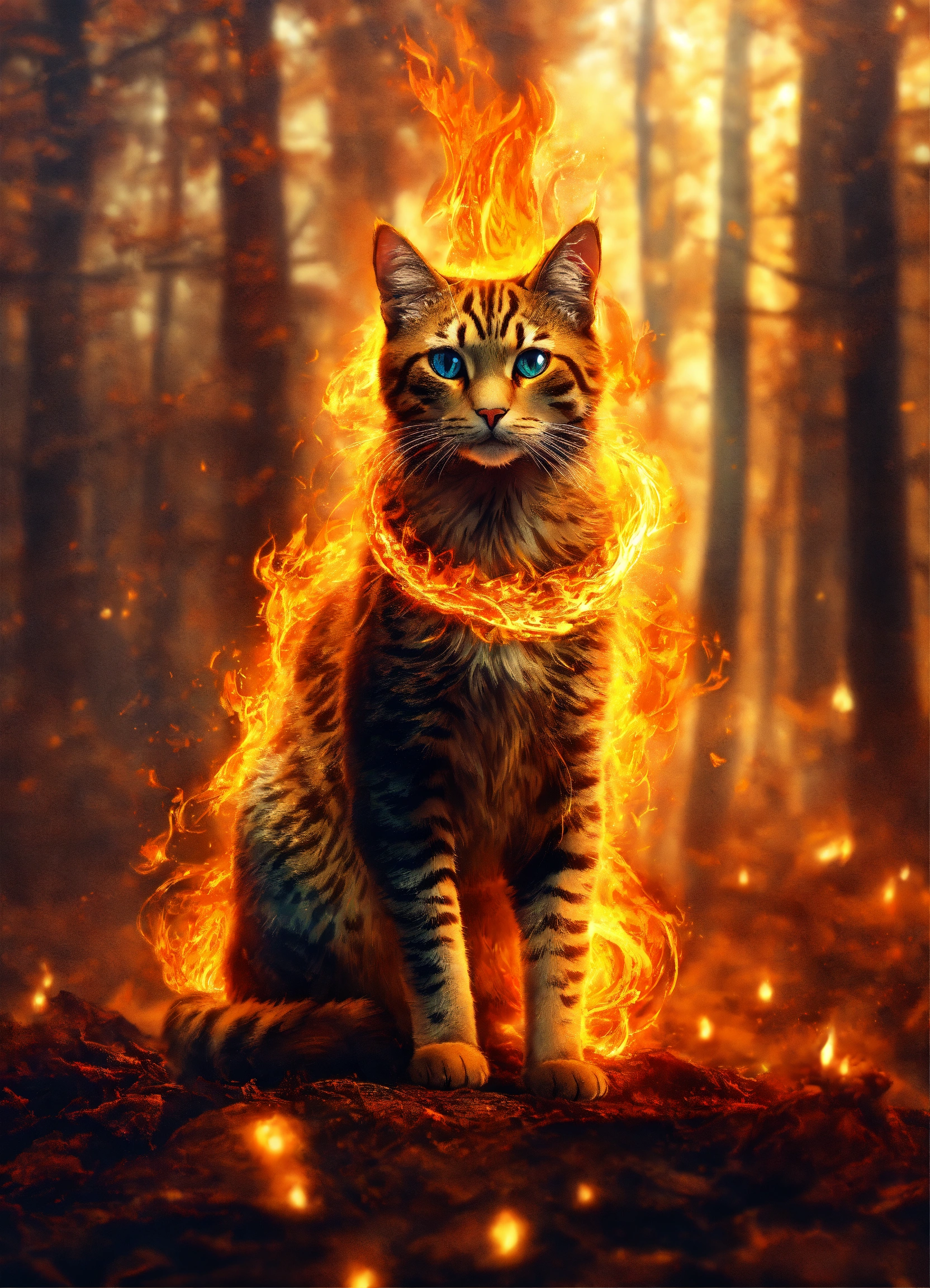 Lexica - A mystical cat spirit made of fire in an enchanted forest.