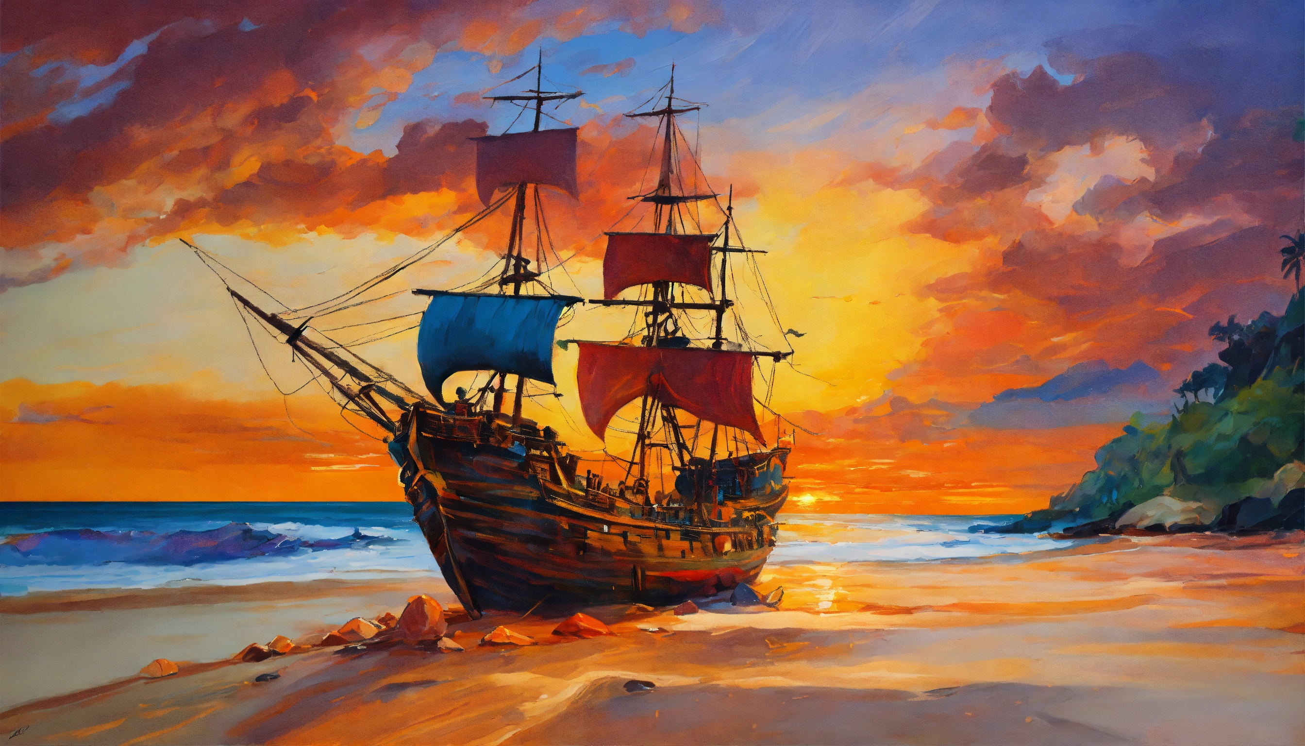 Lexica - Abstract expressionist oil painting of a pirate ship inside a ...