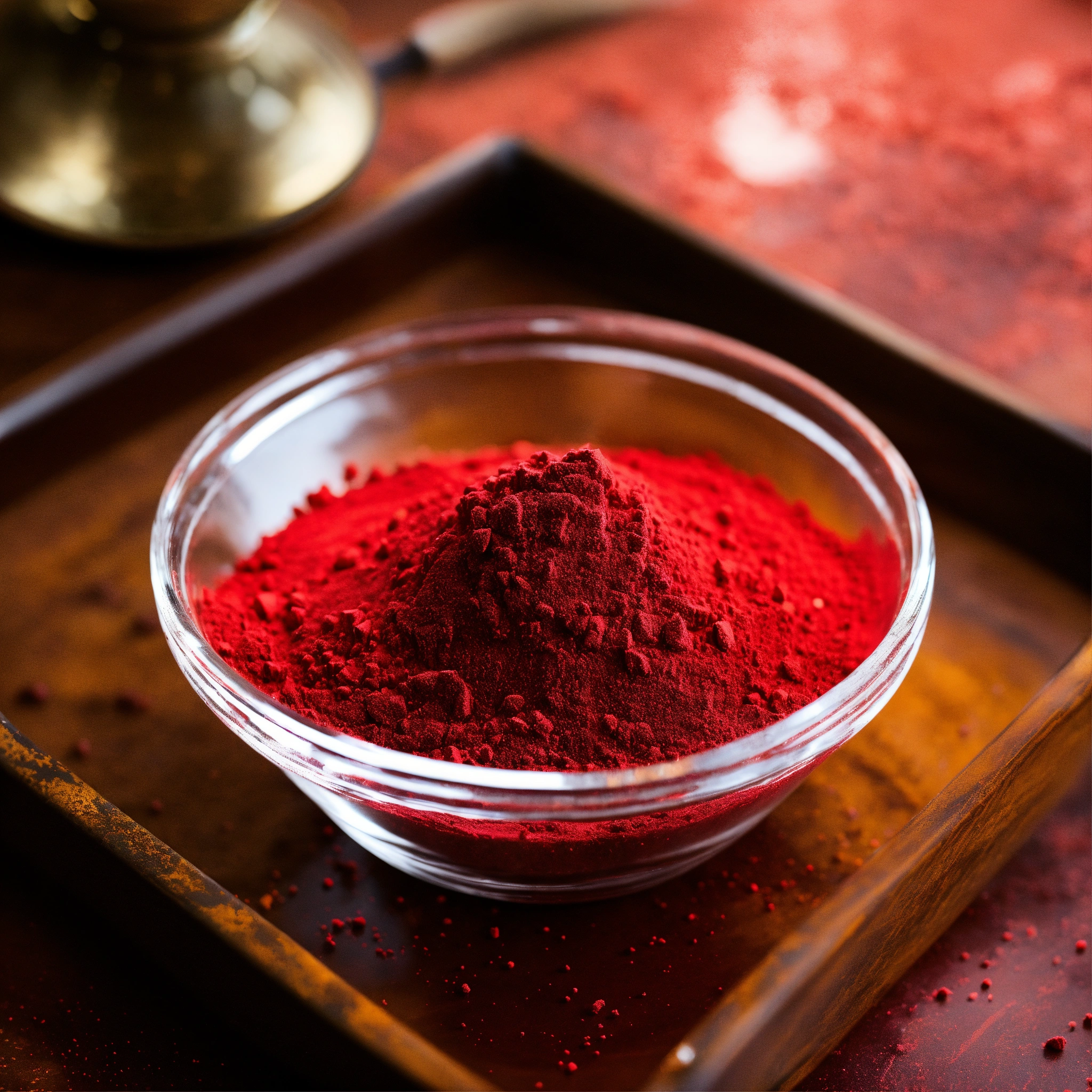 Lexica - Red crstal powder in a small glass bowl on a table