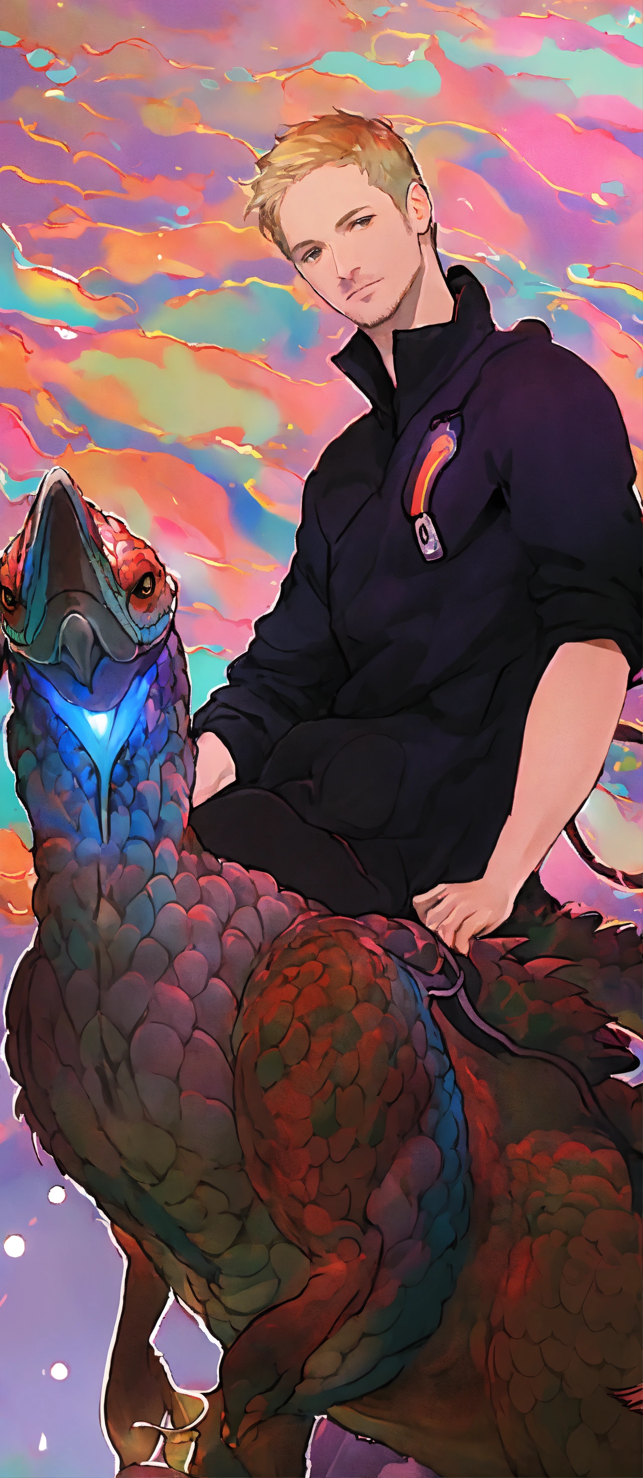 Lexica - This man riding a flamingo dragon in space, high contrast ...
