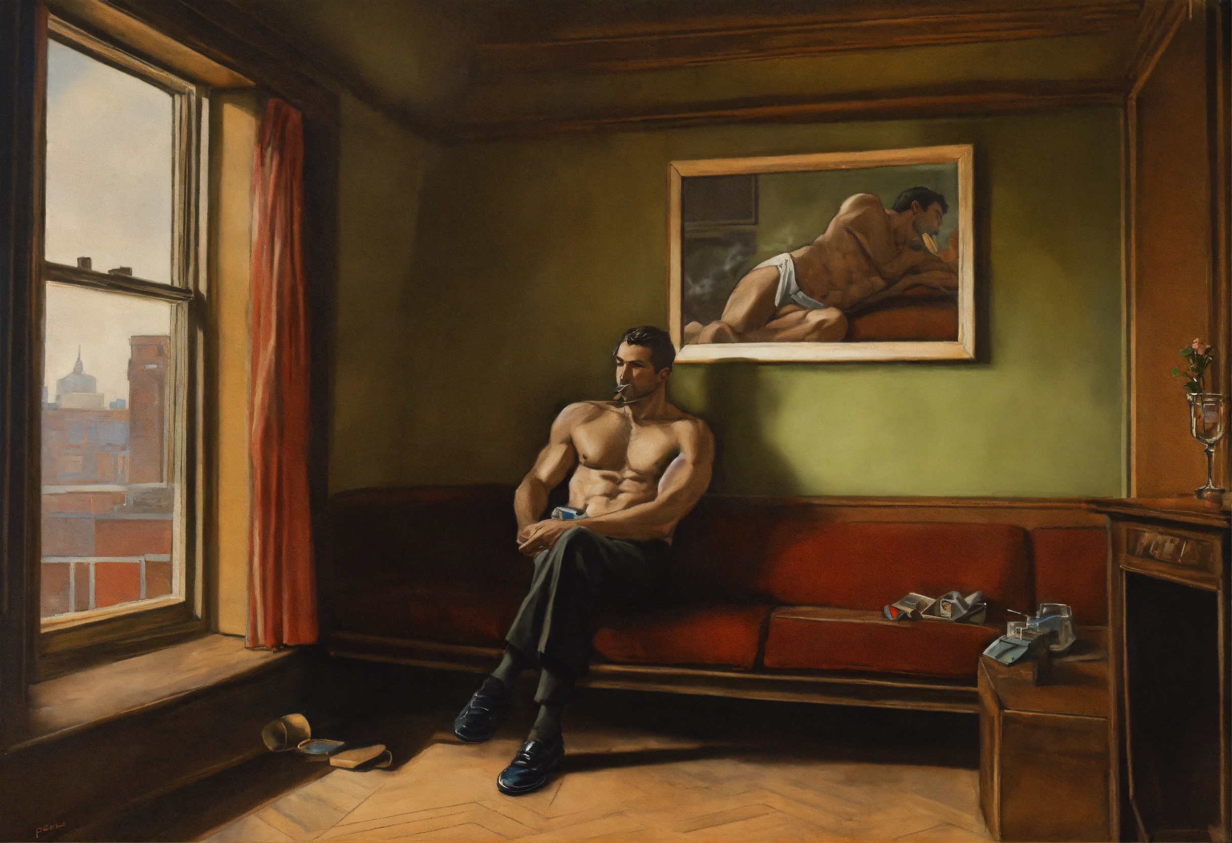 Lexica - Male figure smoking, glasgow room interior by Peter Howson
