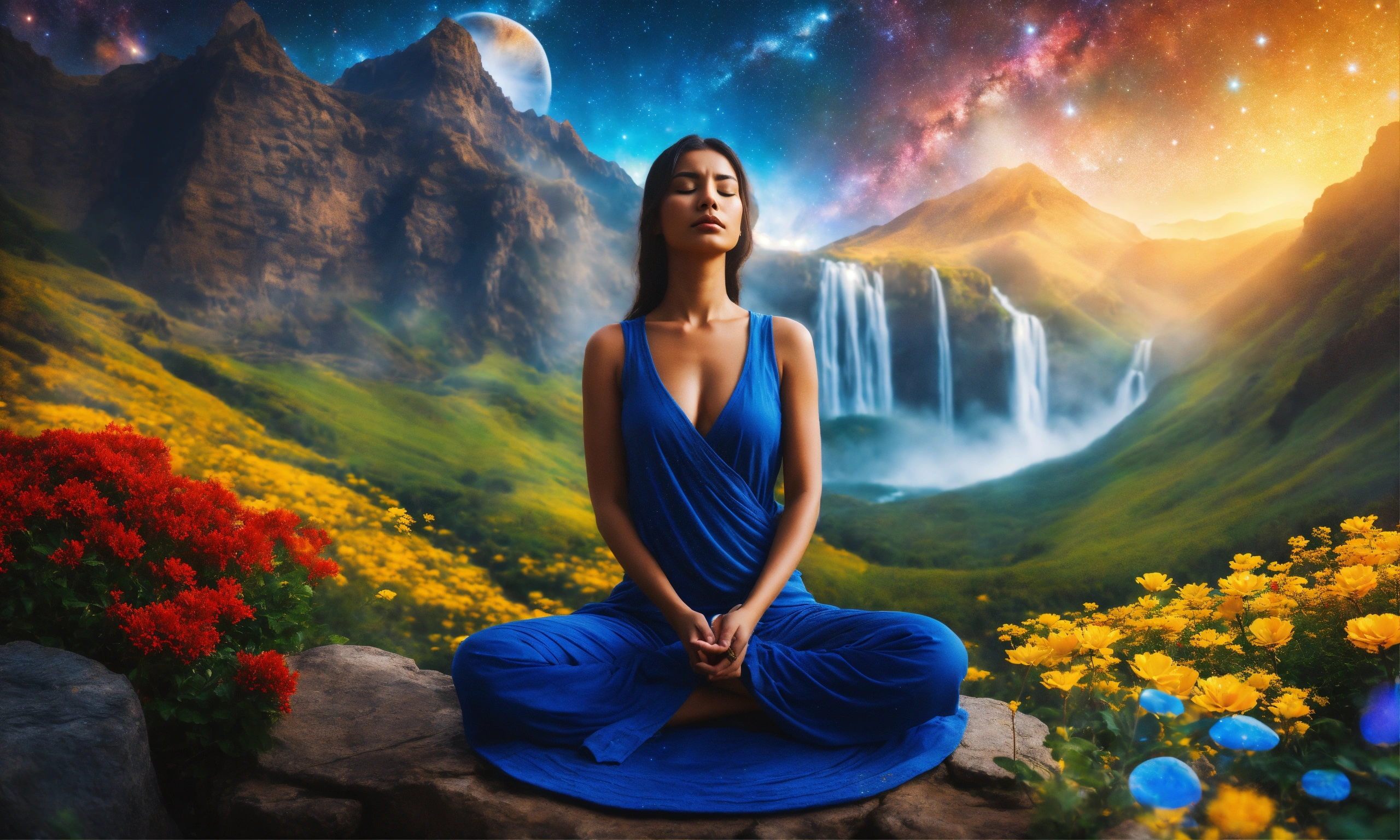Lexica - Beautiful woman in Meditation posture, mountain, waterfall ...