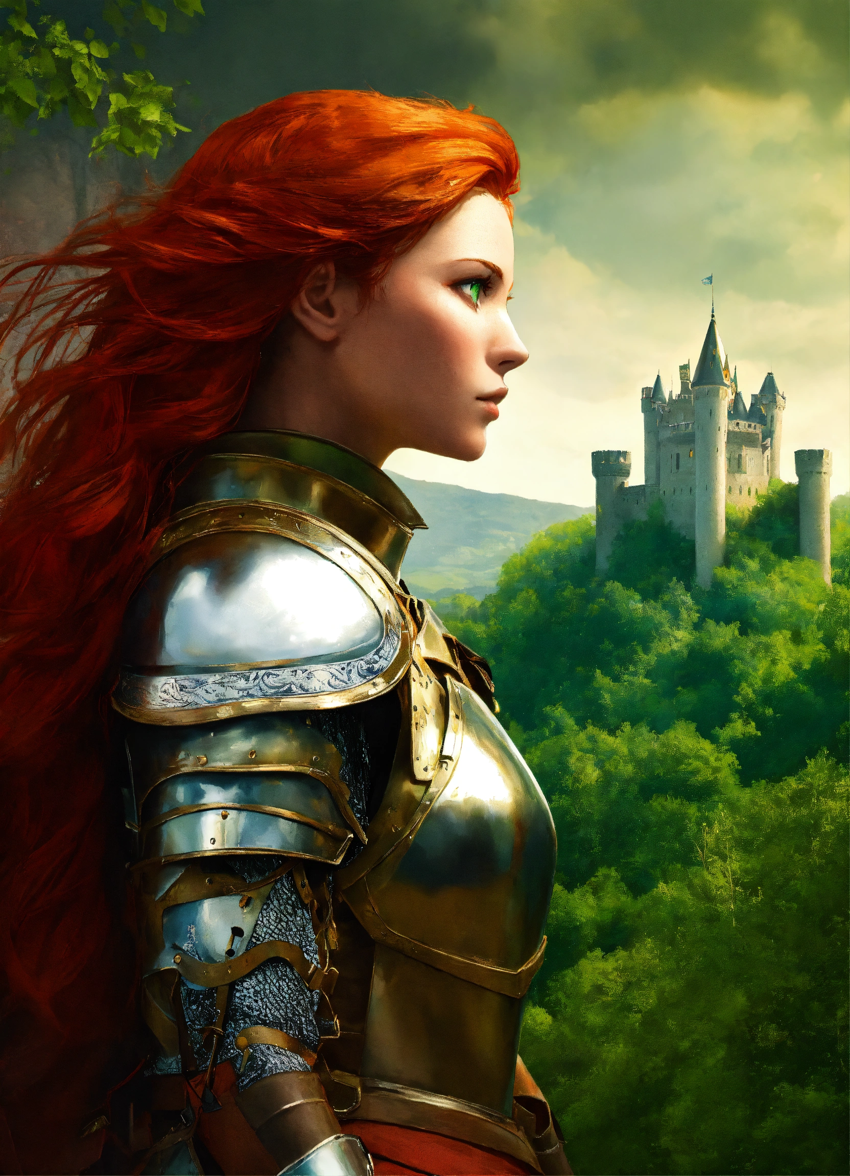 Lexica - Red haired green eyes woman in armor looking over a forest ...