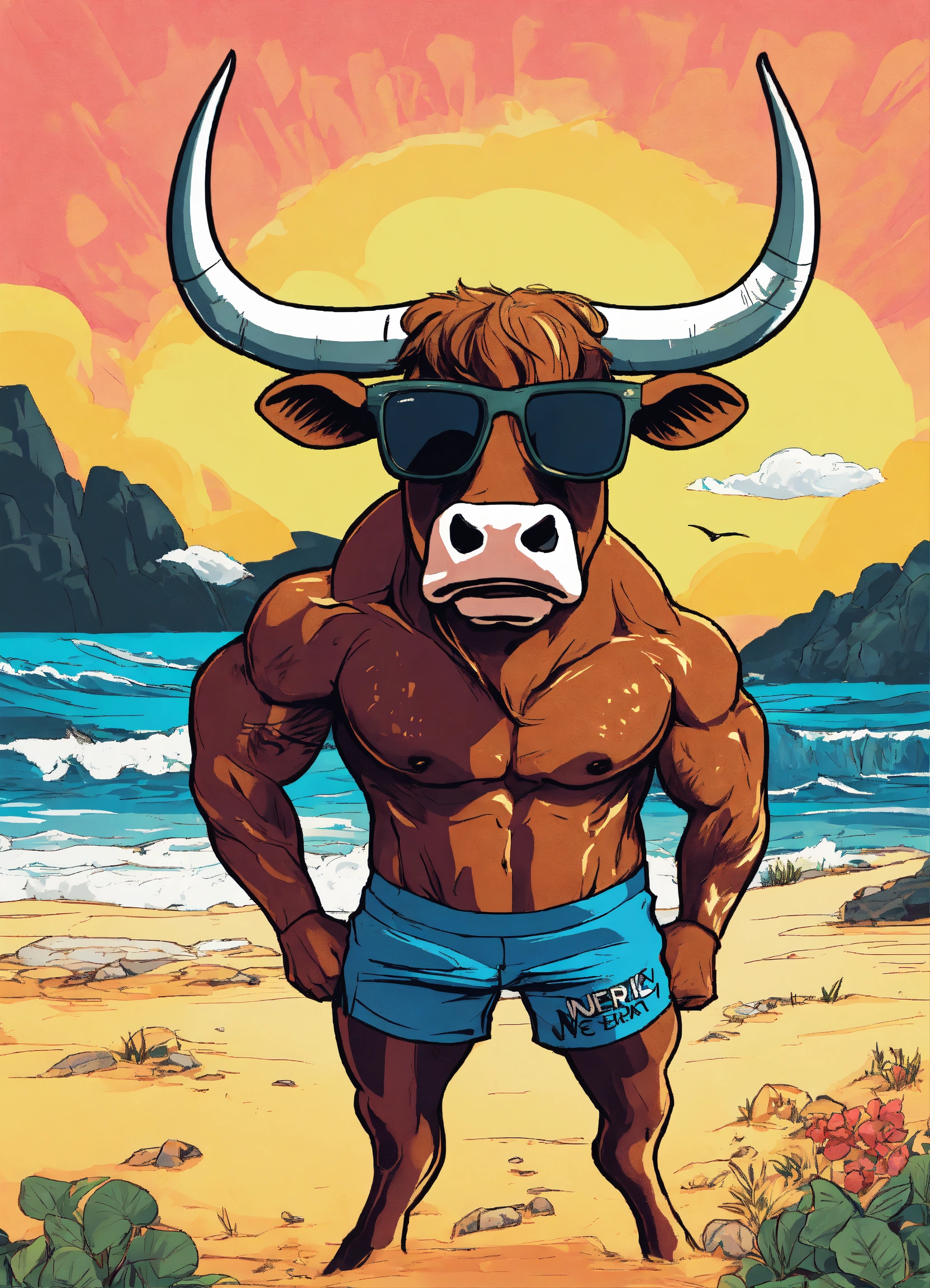 Lexica - A riped bull that flexes his arms up and wearing sunglasess ...