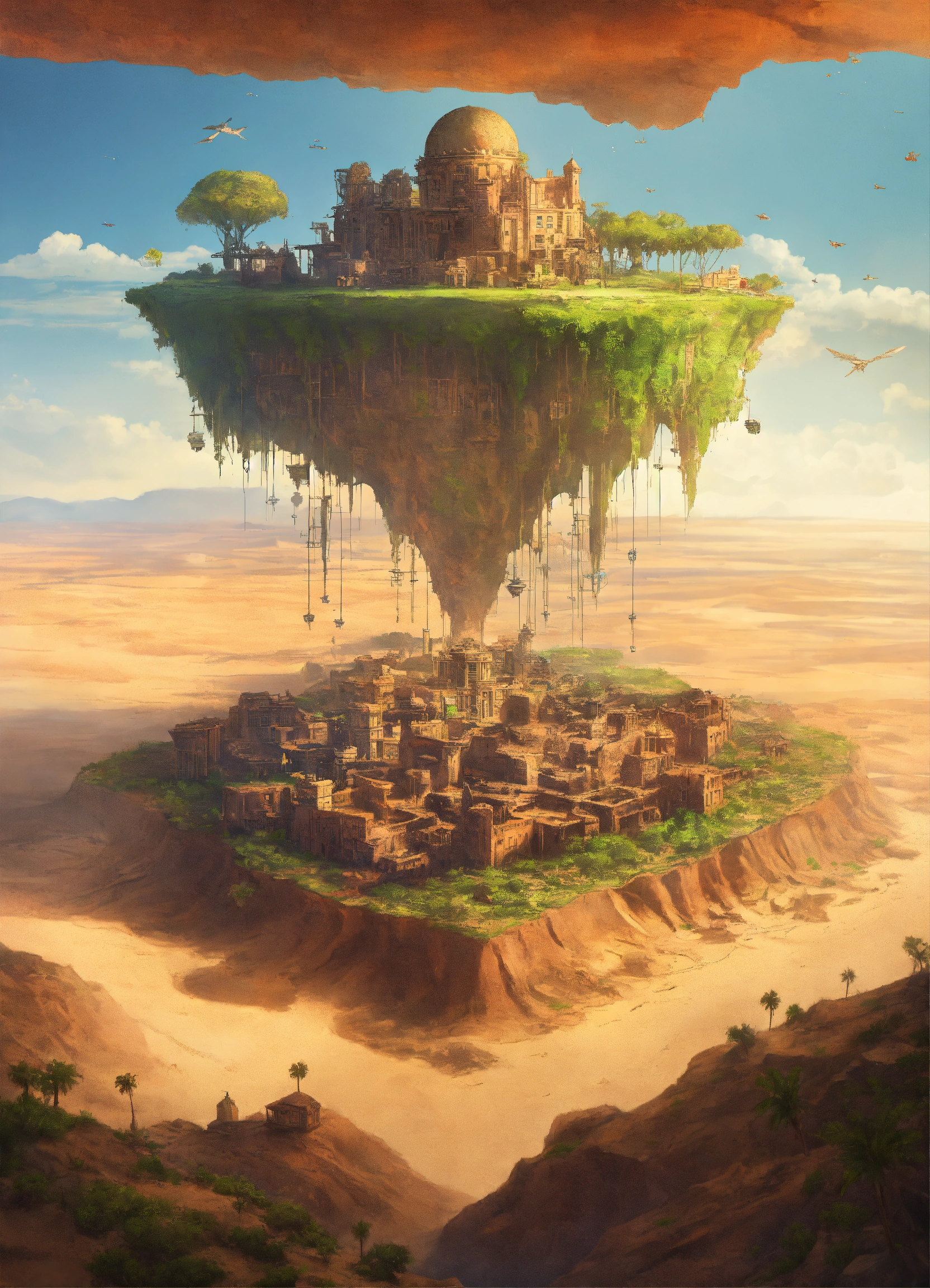 Lexica - A flying island with a city on top in the middle of the desert ...