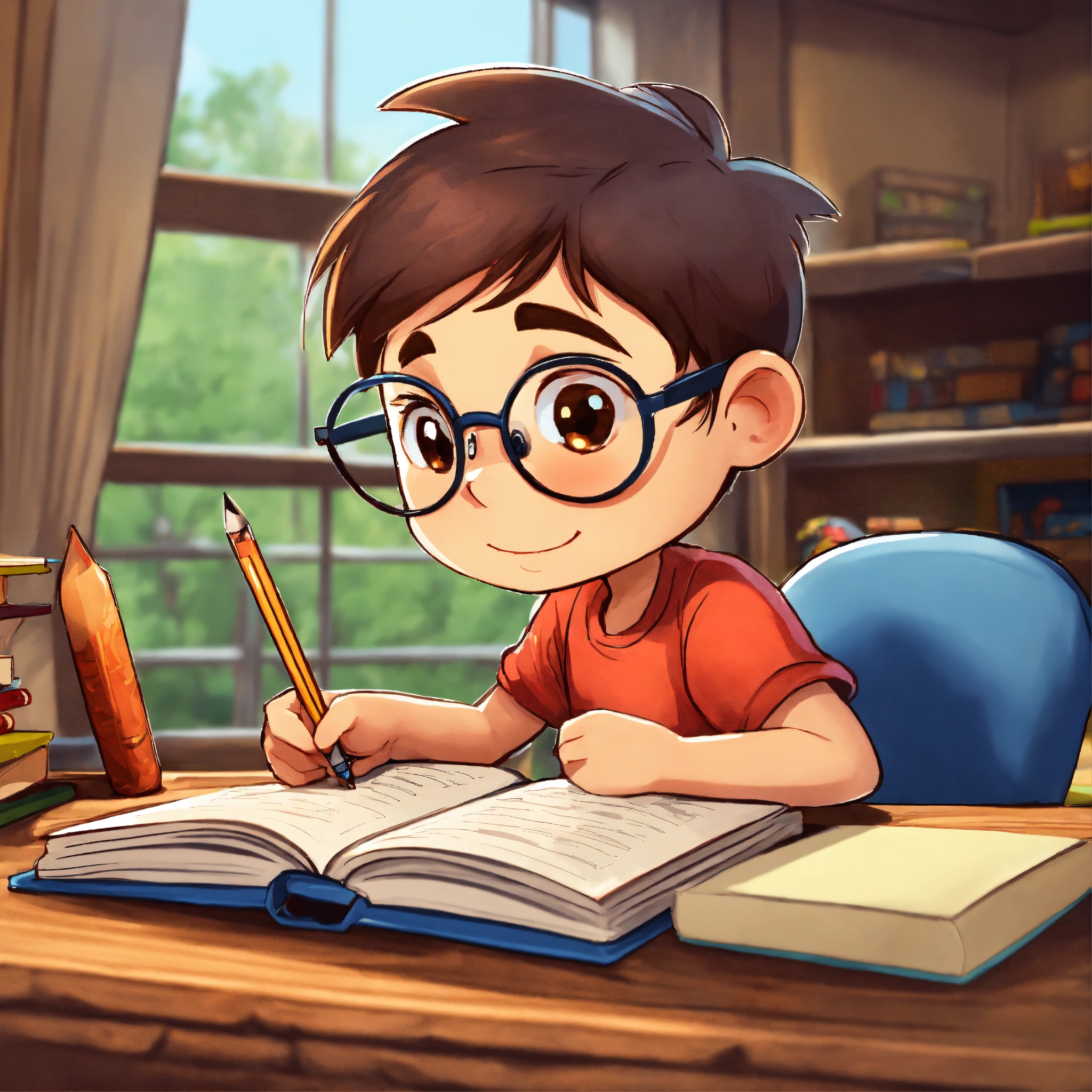 Lexica - Cartoon boy studying, round sticker icon