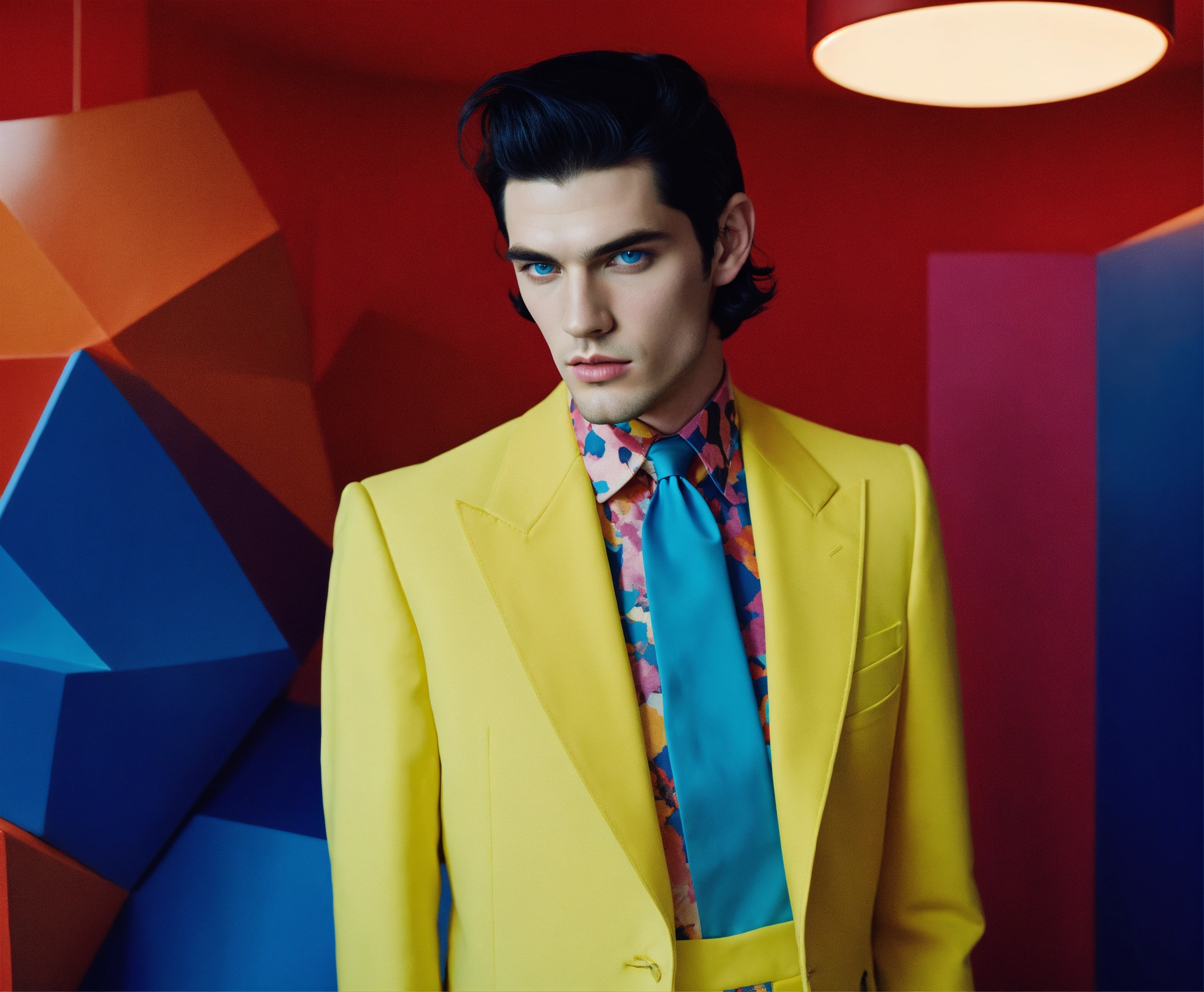 Lexica - Handsome male model,pale skin, black hair , blue eyes , glasgow  interior, editorial fashion , unusual colors , geometric shapes by MILES  ALD...