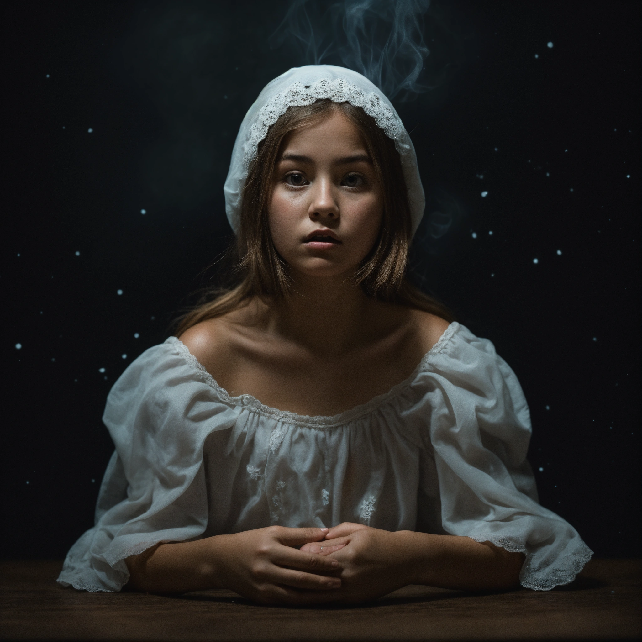 Lexica - Girl sits and is afraid of a ghost on the black background