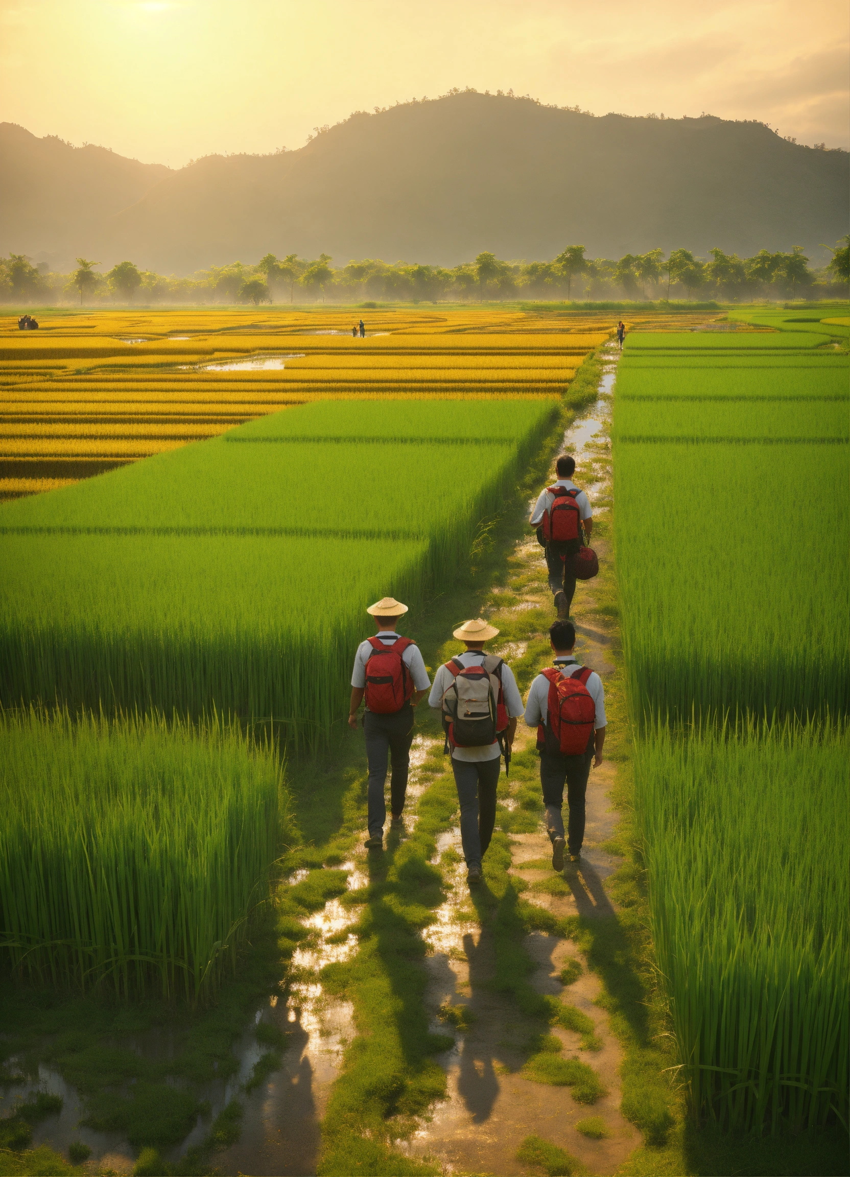 Lexica - A group of employee walking together, at rice field, unreal ...