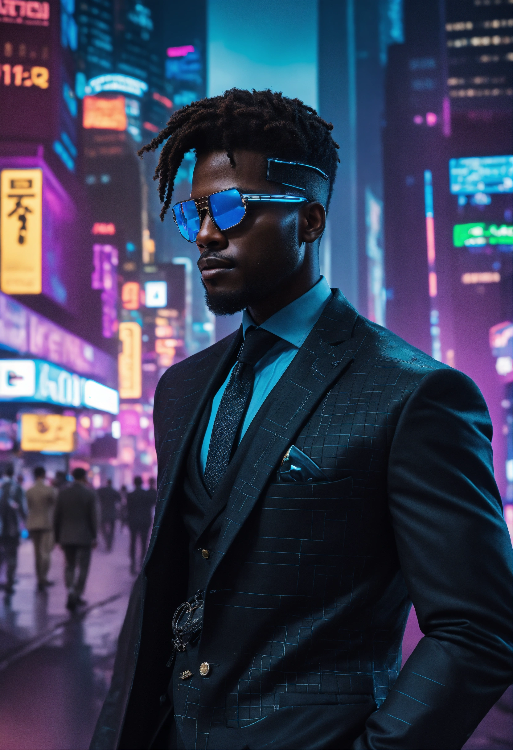 Lexica - A black male cyber criminal in a stylish suit in a cyberpunk city