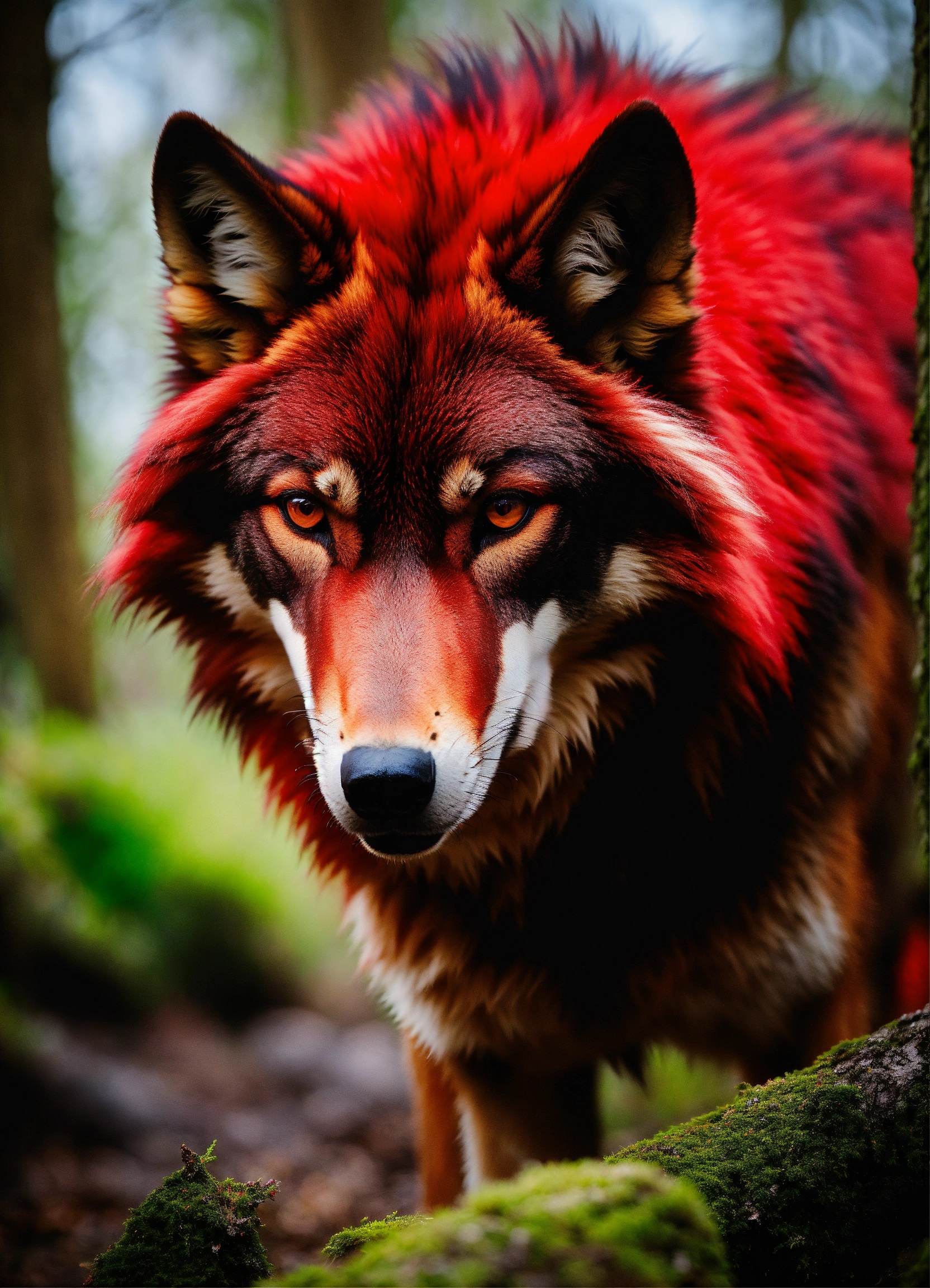 Lexica - Massive, red fur, wolf, in the woods, red eyes, up close