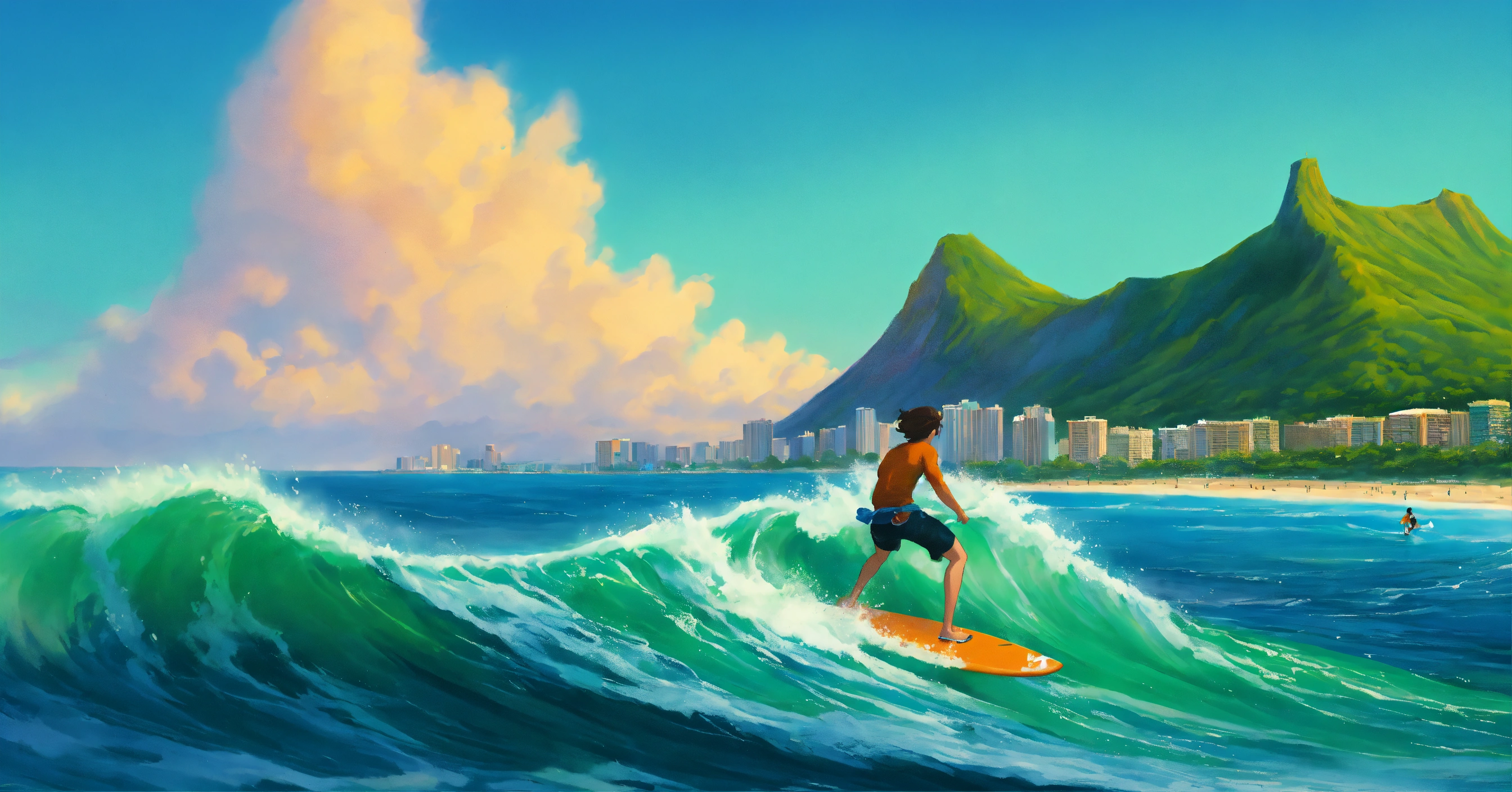 Lexica - Surfer riding a 6ft wave tube at Waikiki with Diamond head in ...