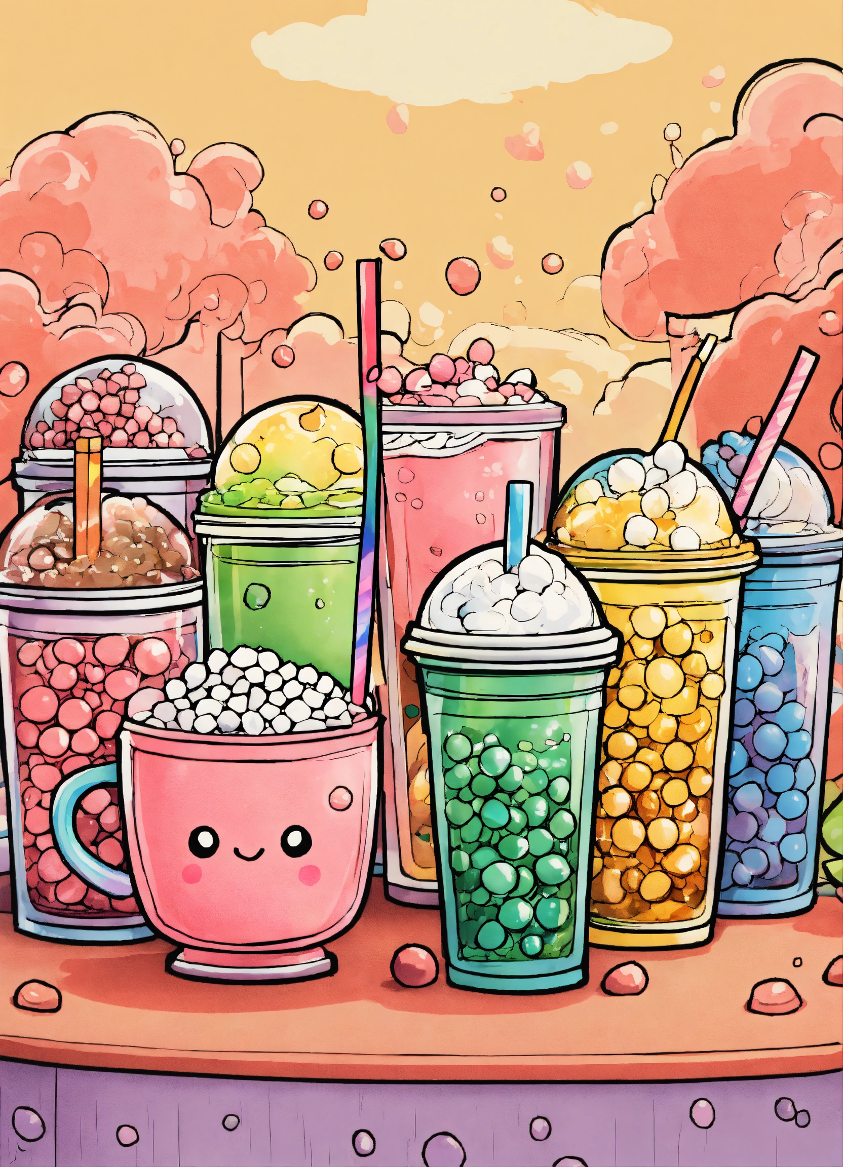 Lexica - Bubble tea cups dancing rainbow for coloring page
