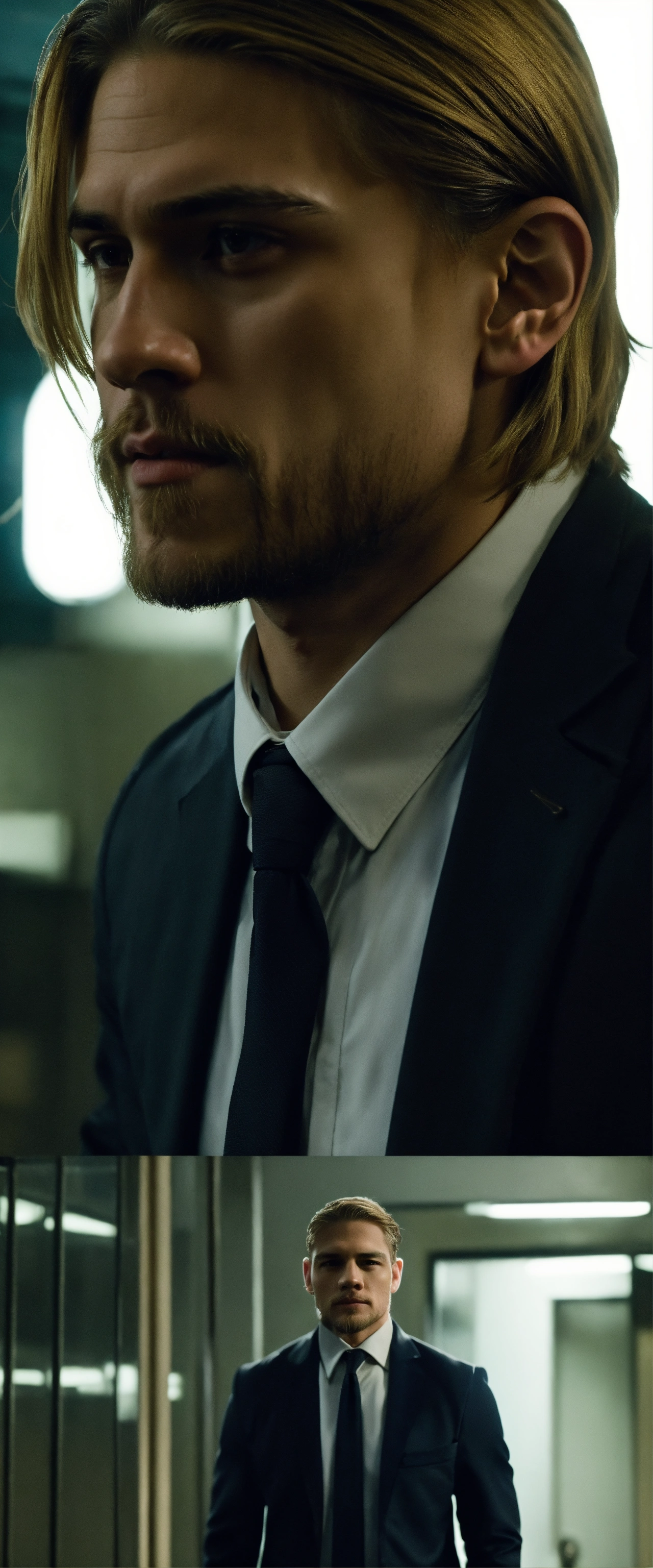 Lexica - Tall handsome man, hunnam, black suit, short blonde hair, FBI ...