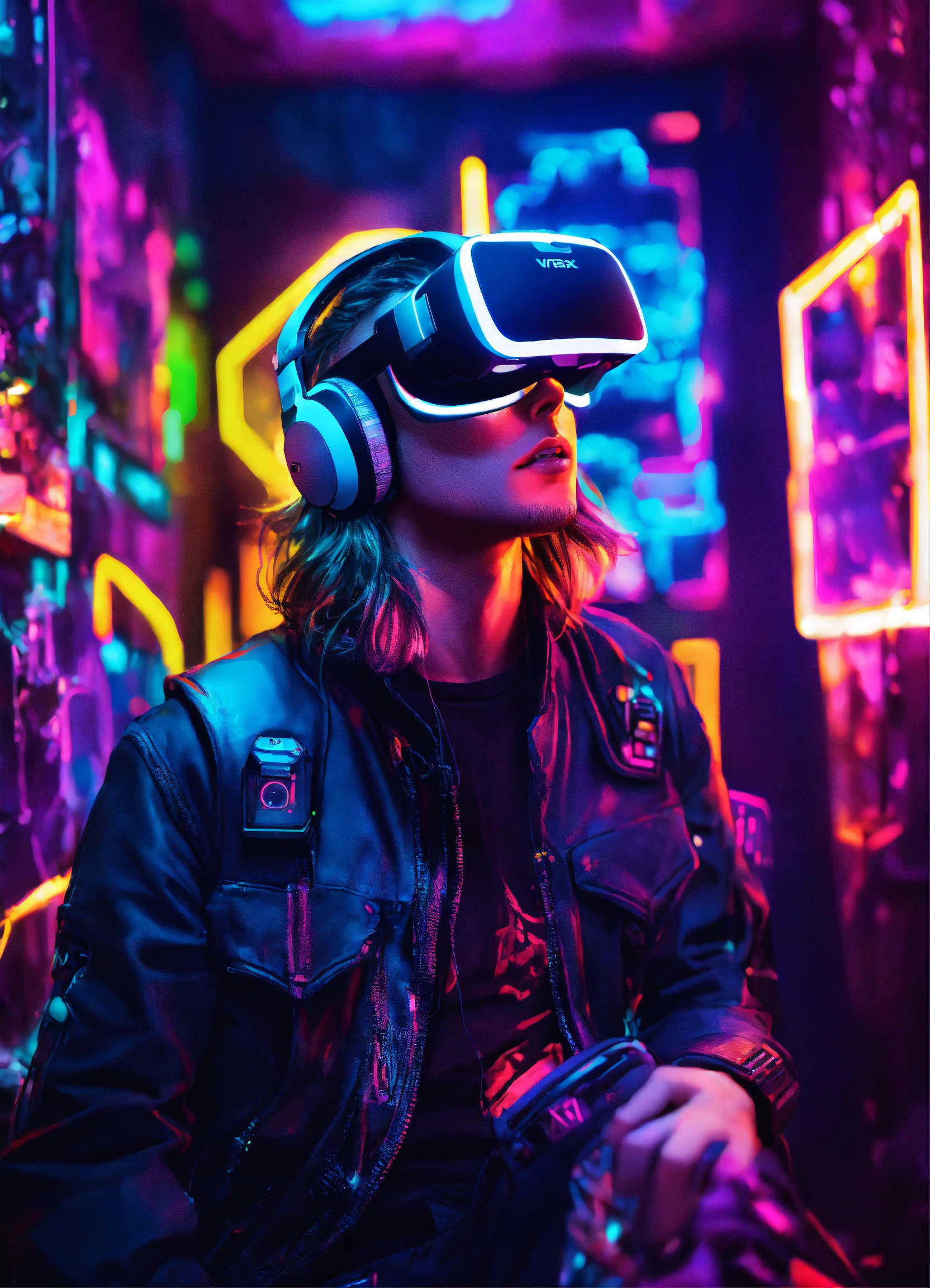 Lexica - A cyberpunk gamer wearing vr headset floating out of gaming ...