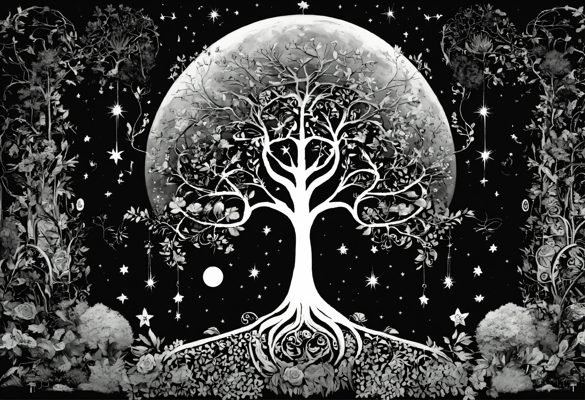 Lexica - Tree of life black and white no leaf with moon sun and stars