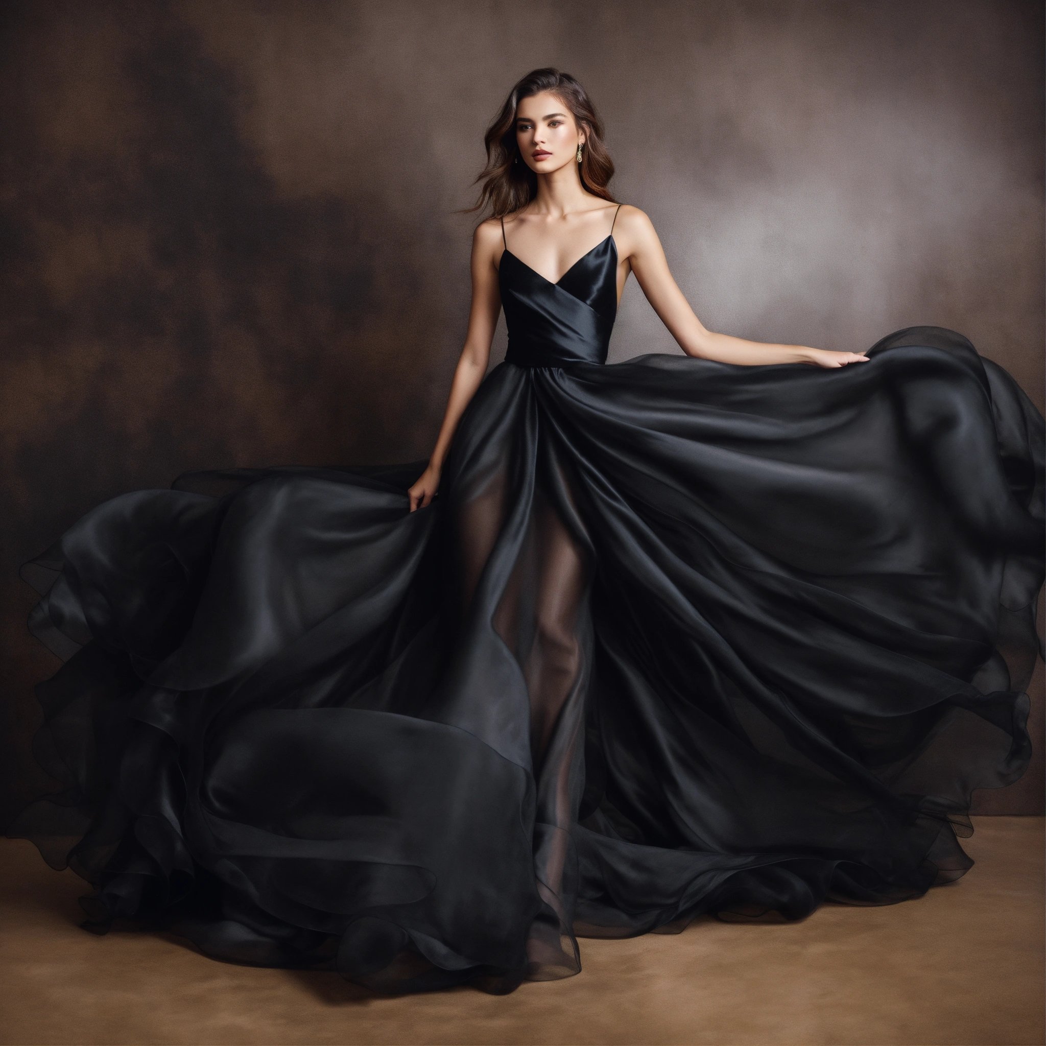 Lexica - A fashion model wearing luxurious flowing black organza and ...