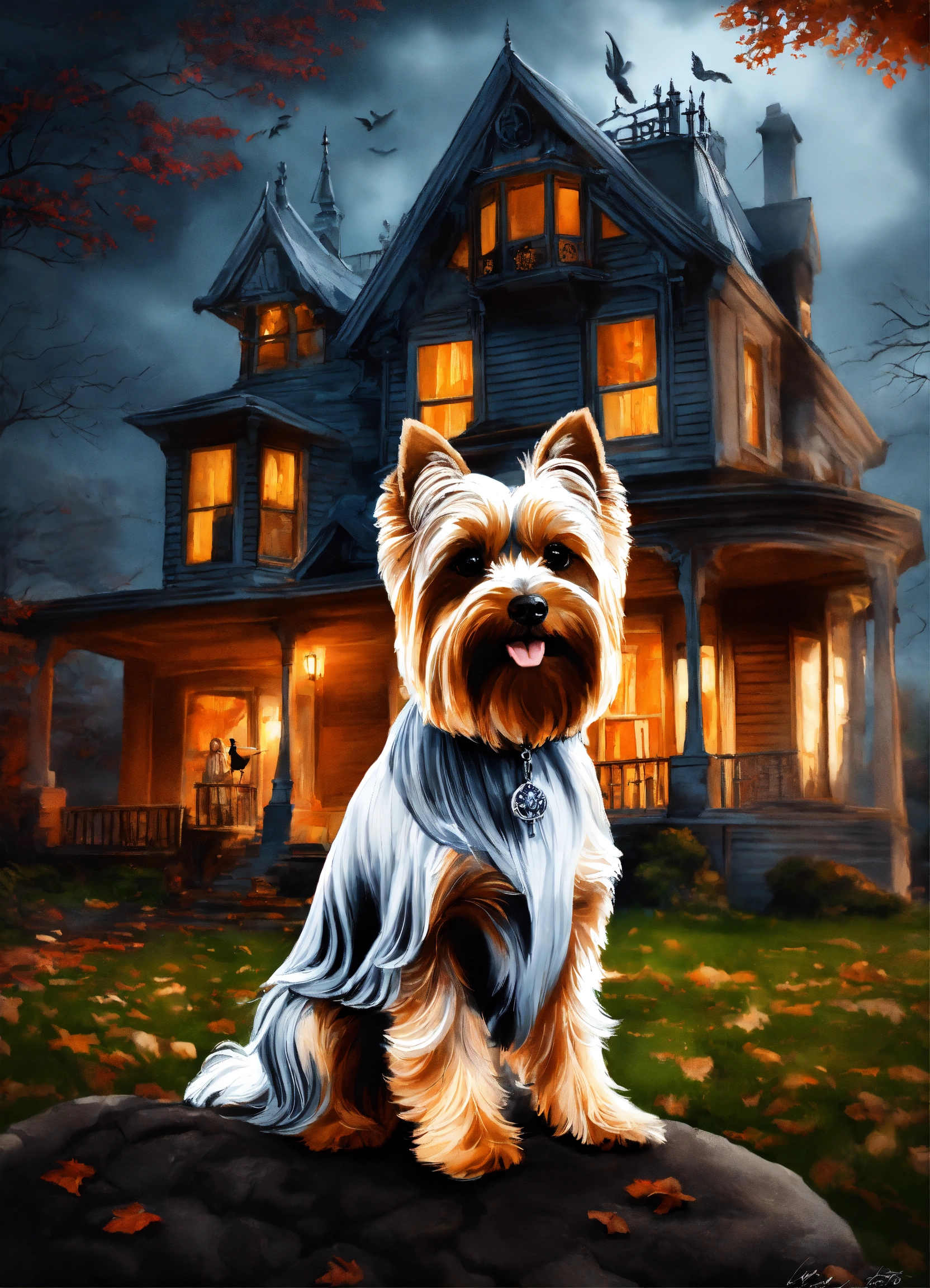 Lexica - Realistic beautiful ghost yorkie in front of a haunted house ...