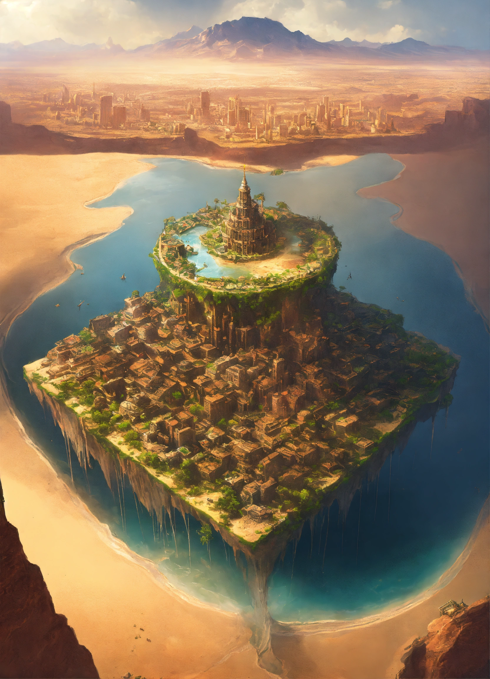 Lexica - A flying island with a city on top in the middle of the desert ...