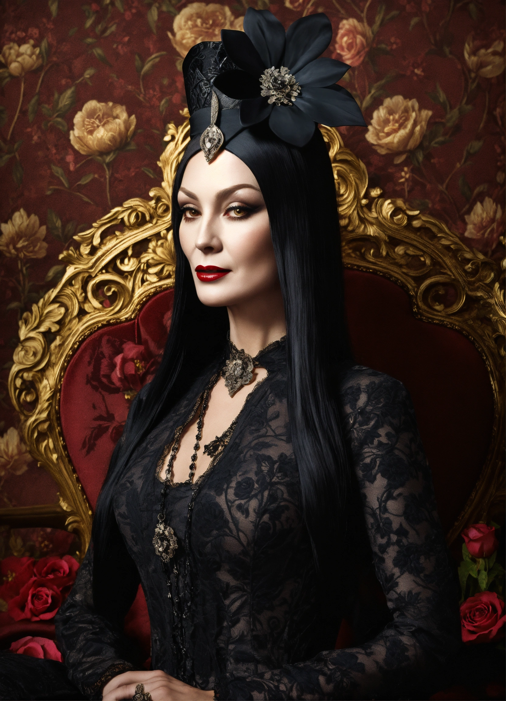 Lexica - Elaborate Gothic Morticia Addams queen of spades, 40 years old ...