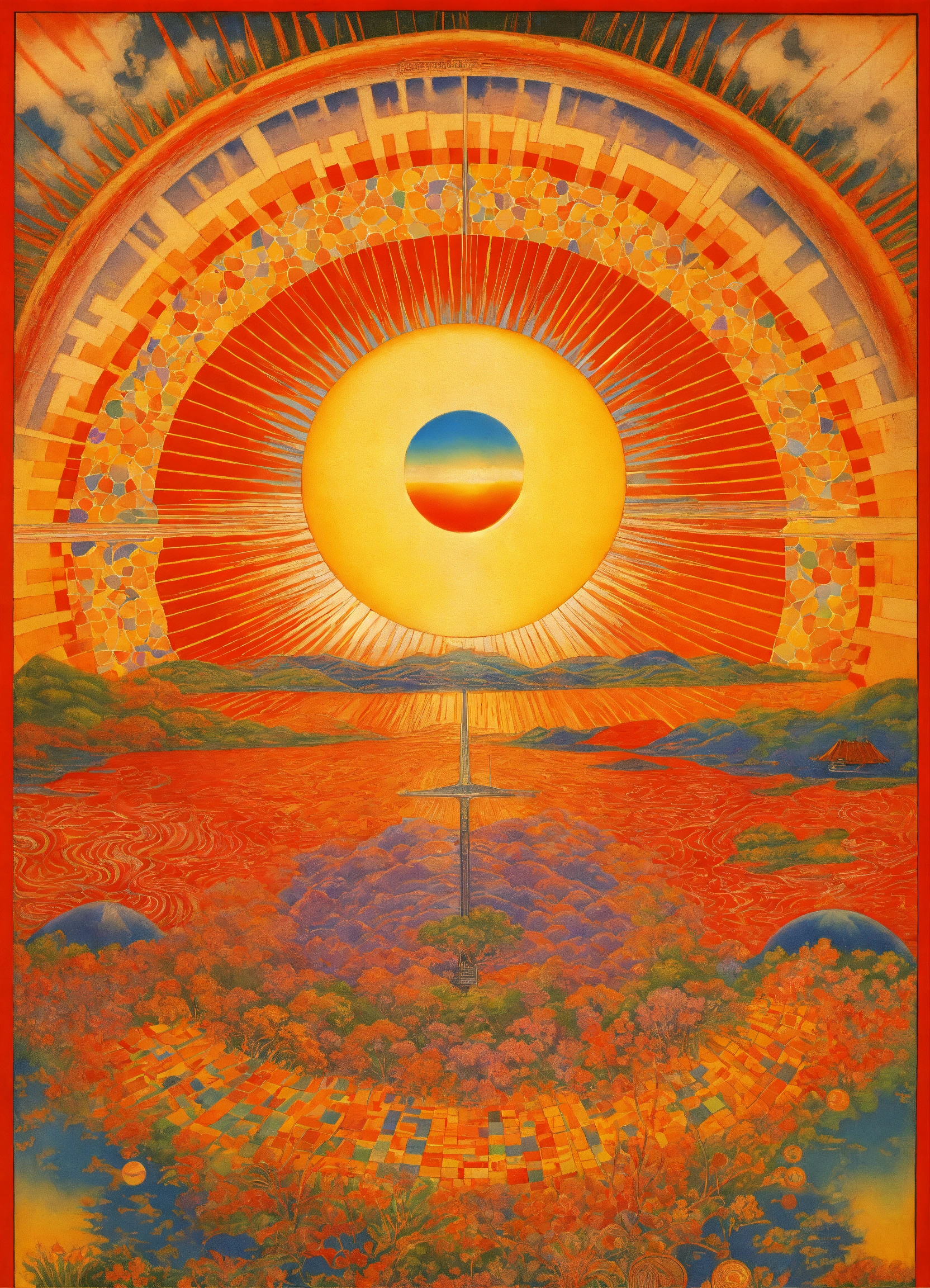 Lexica Japanese vintage poster , sun merging into moon, psychedelic