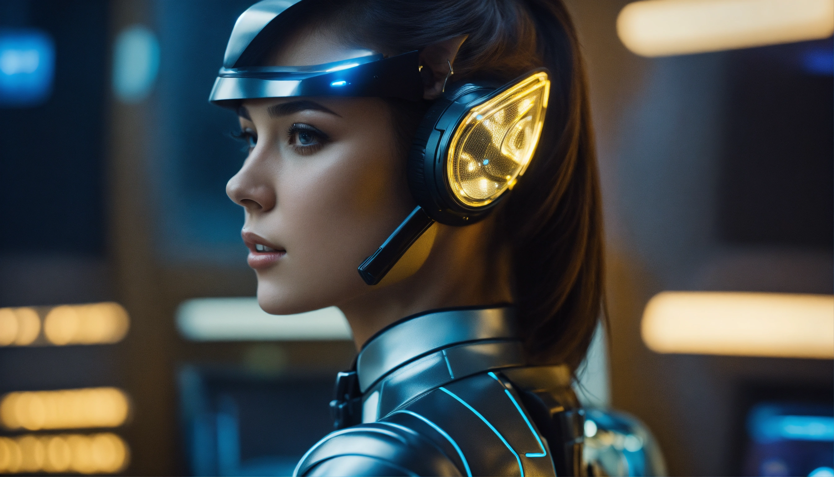 Lexica - Ultra real beautiful brunette girl wearing hi tech ear antenna ...