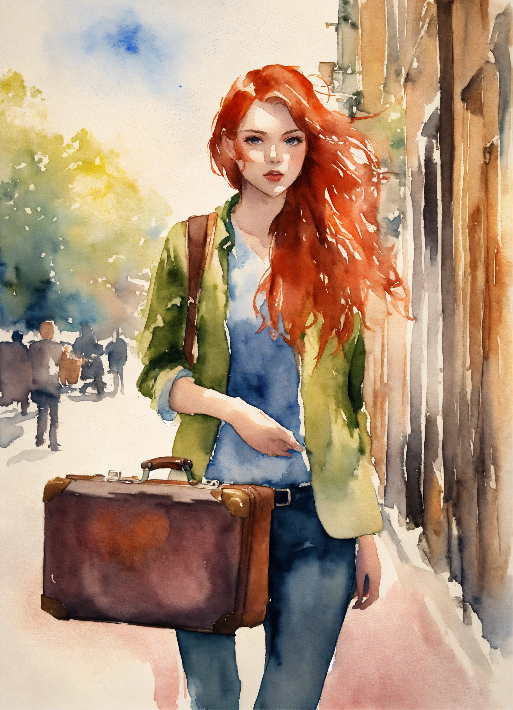 Lexica - Watercolor, young red-haired woman with a suitcase in her hand