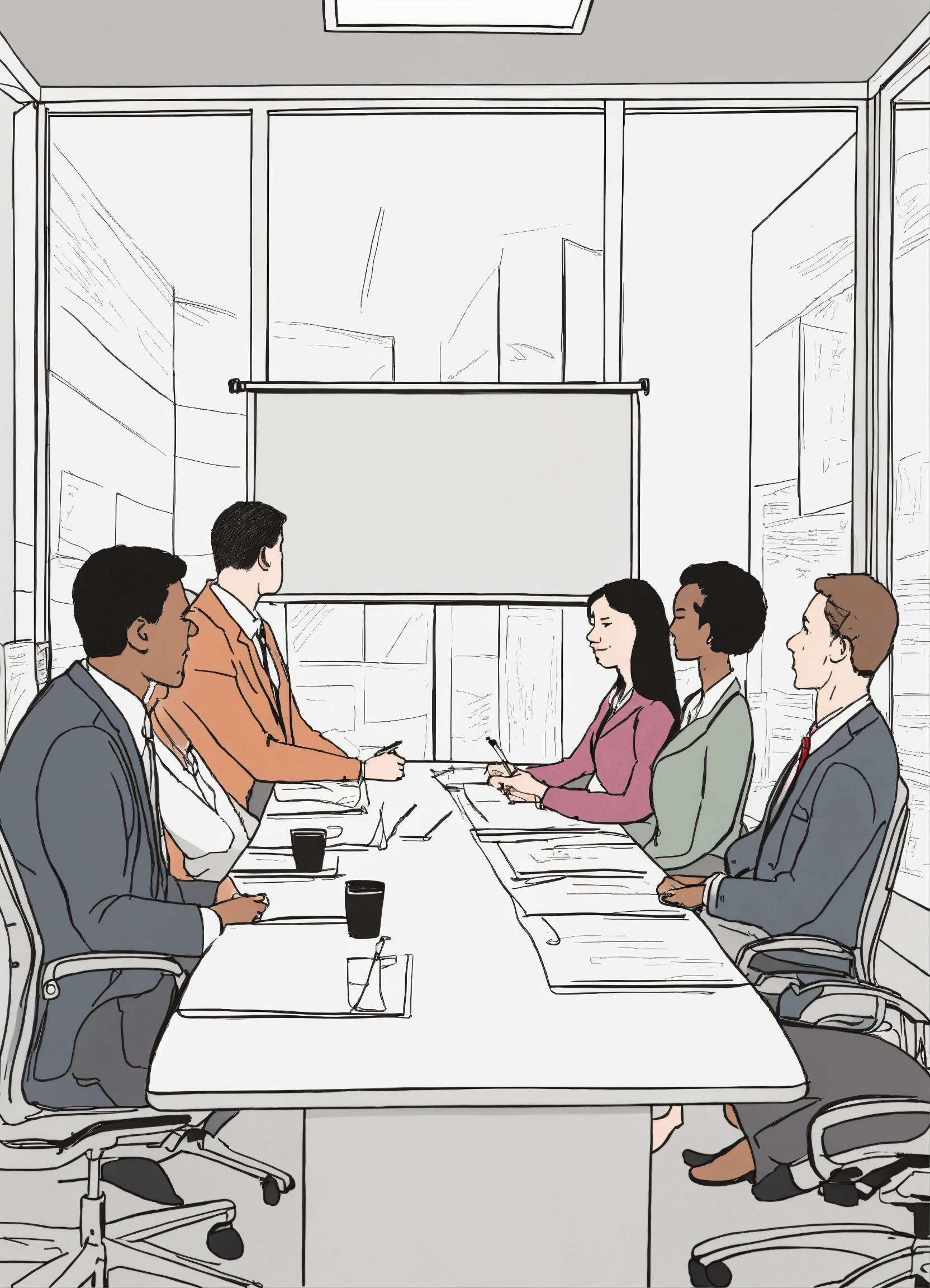 Lexica - Detailed line drawing of a conference room with four people ...