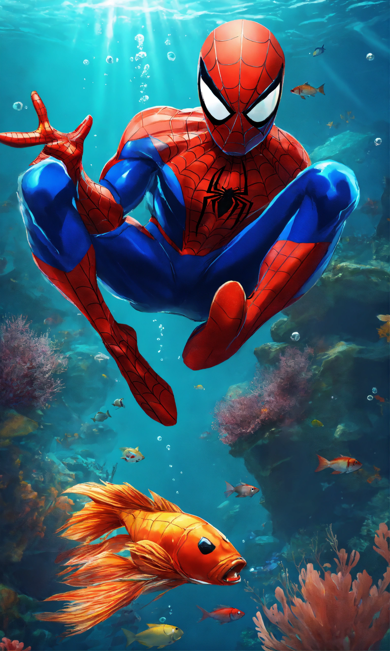 Lexica - Spiderman swimming with fish underwater in the ocean