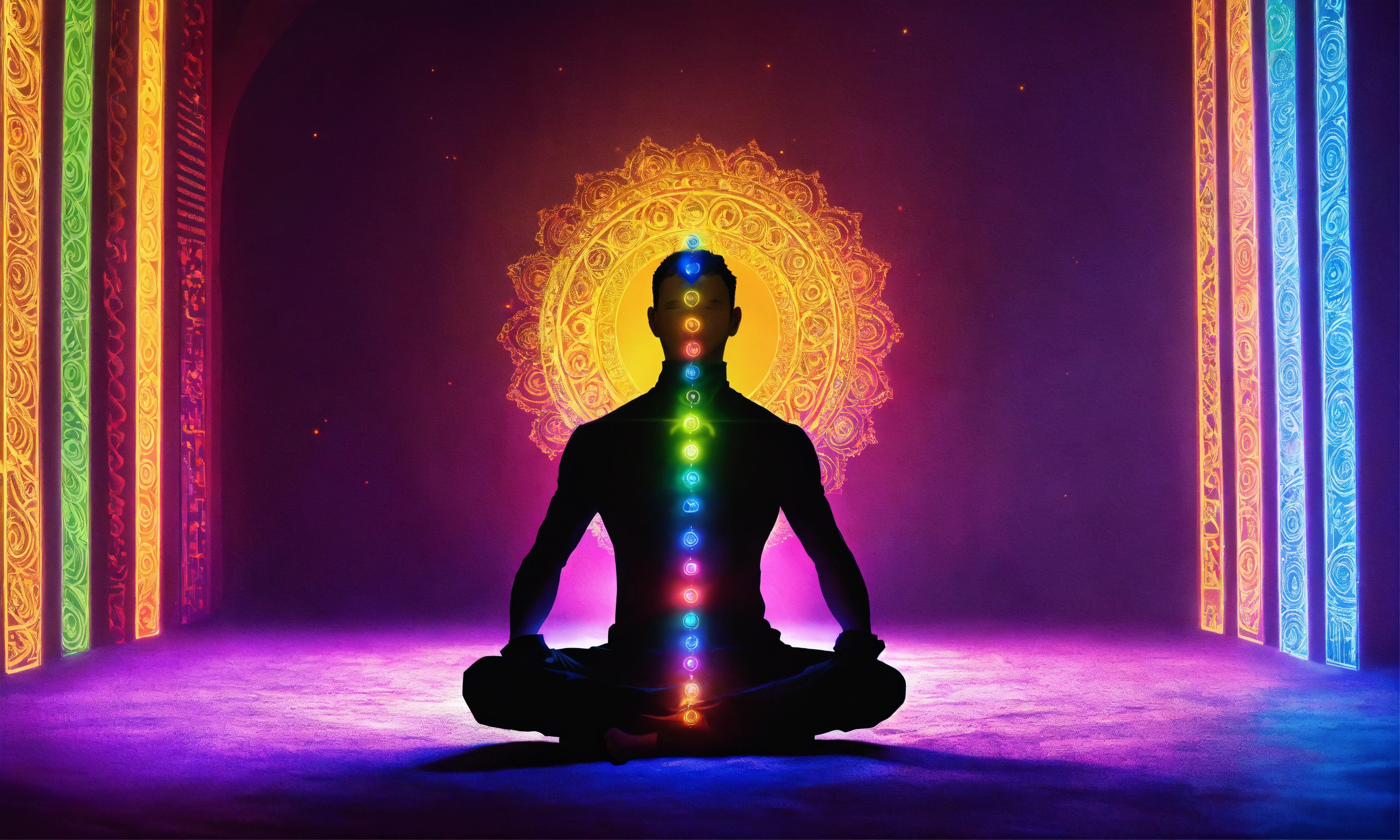 Lexica - Man sitting, chakras lit up, 4k, high resolution, photo quality