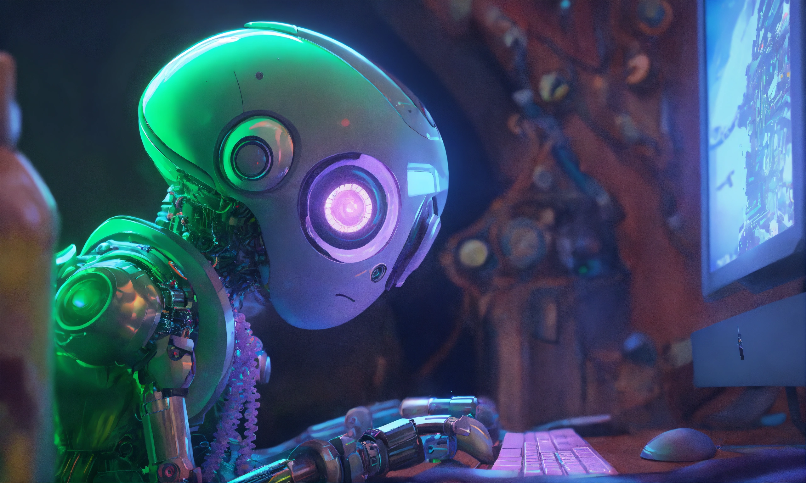 Lexica - Cute robot octopus typing in computer realistic. medium-sized ...