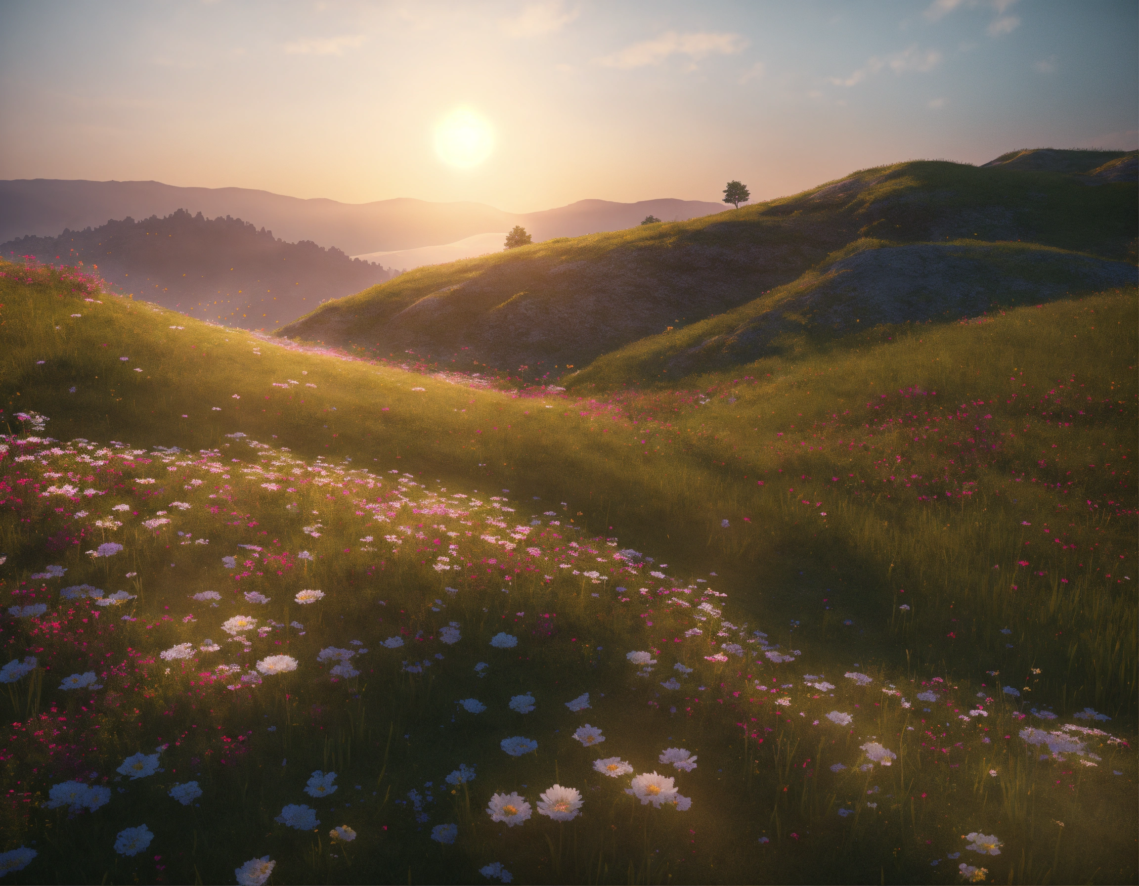 Lexica - Grassy field, flowers, hill, realistic, realistic, unreal ...