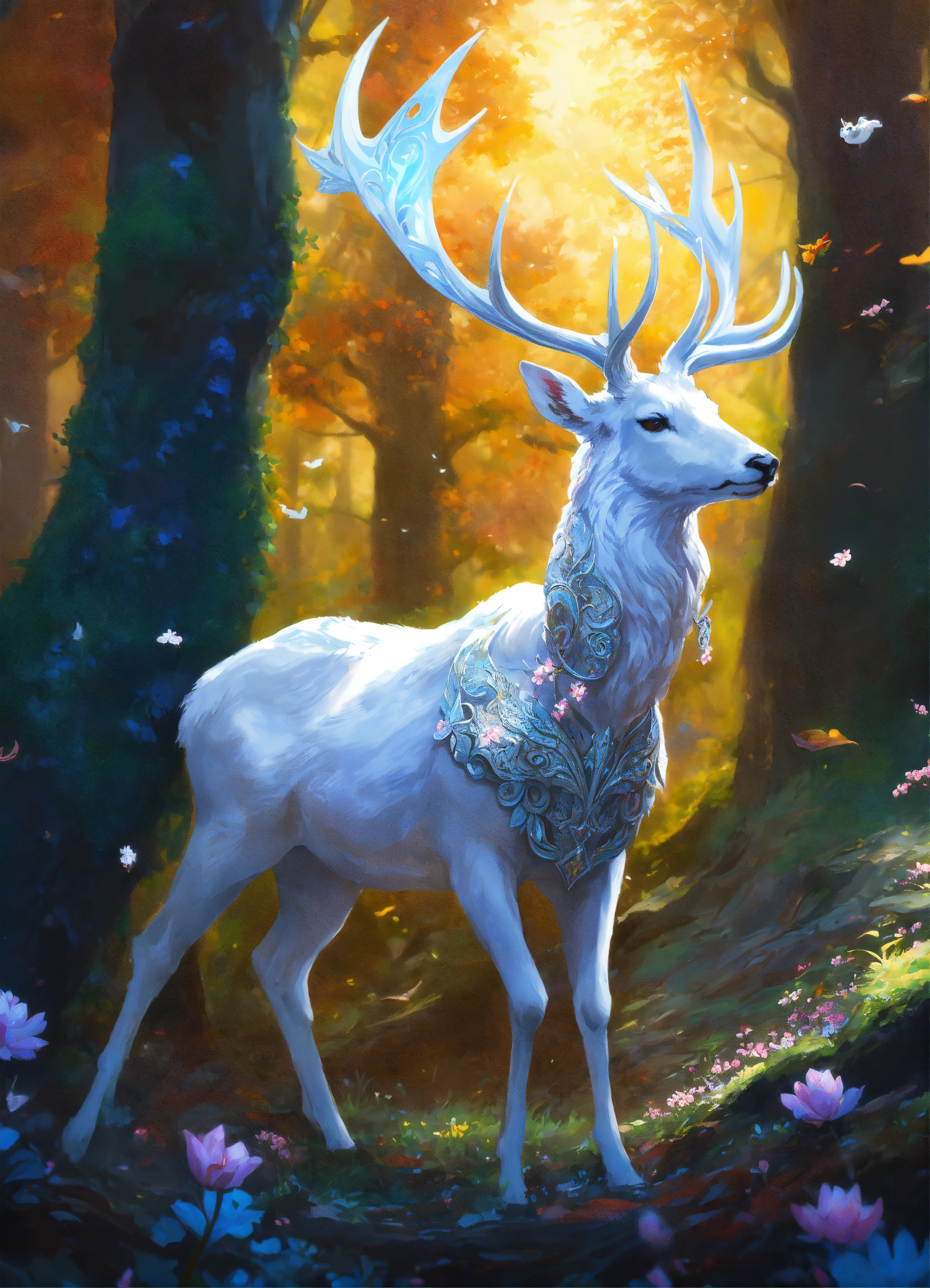Lexica - Big animal white deer, armor magic, running around forest ...