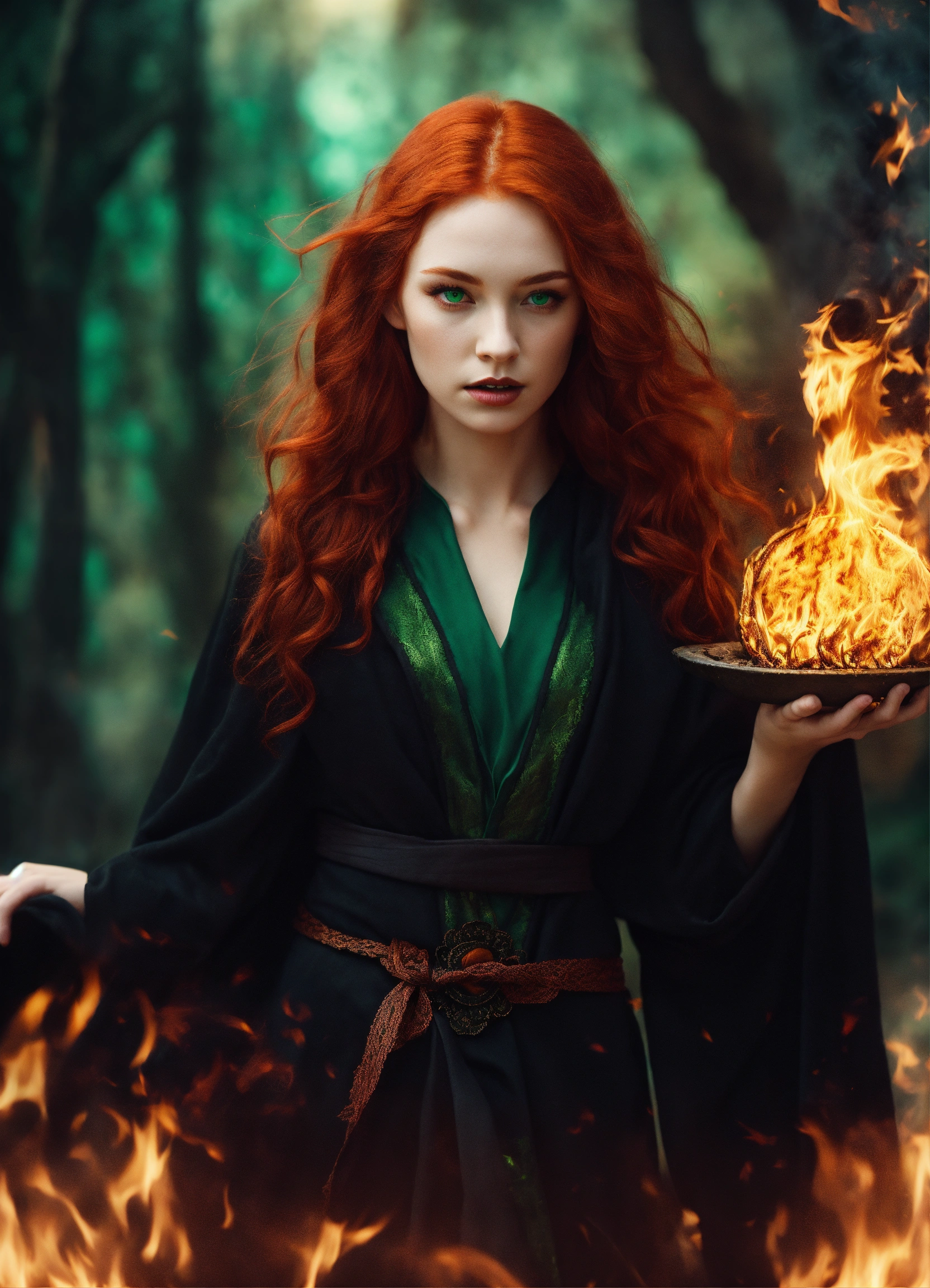 Lexica - Beautiful red haired witch with green eyes, pale skin, wearing ...