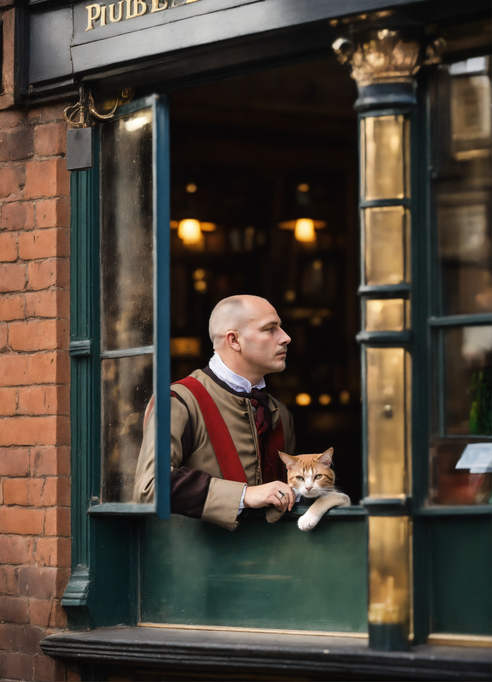 Lexica - Shaved headed Man stood outside a pub, pressing face up to pub ...