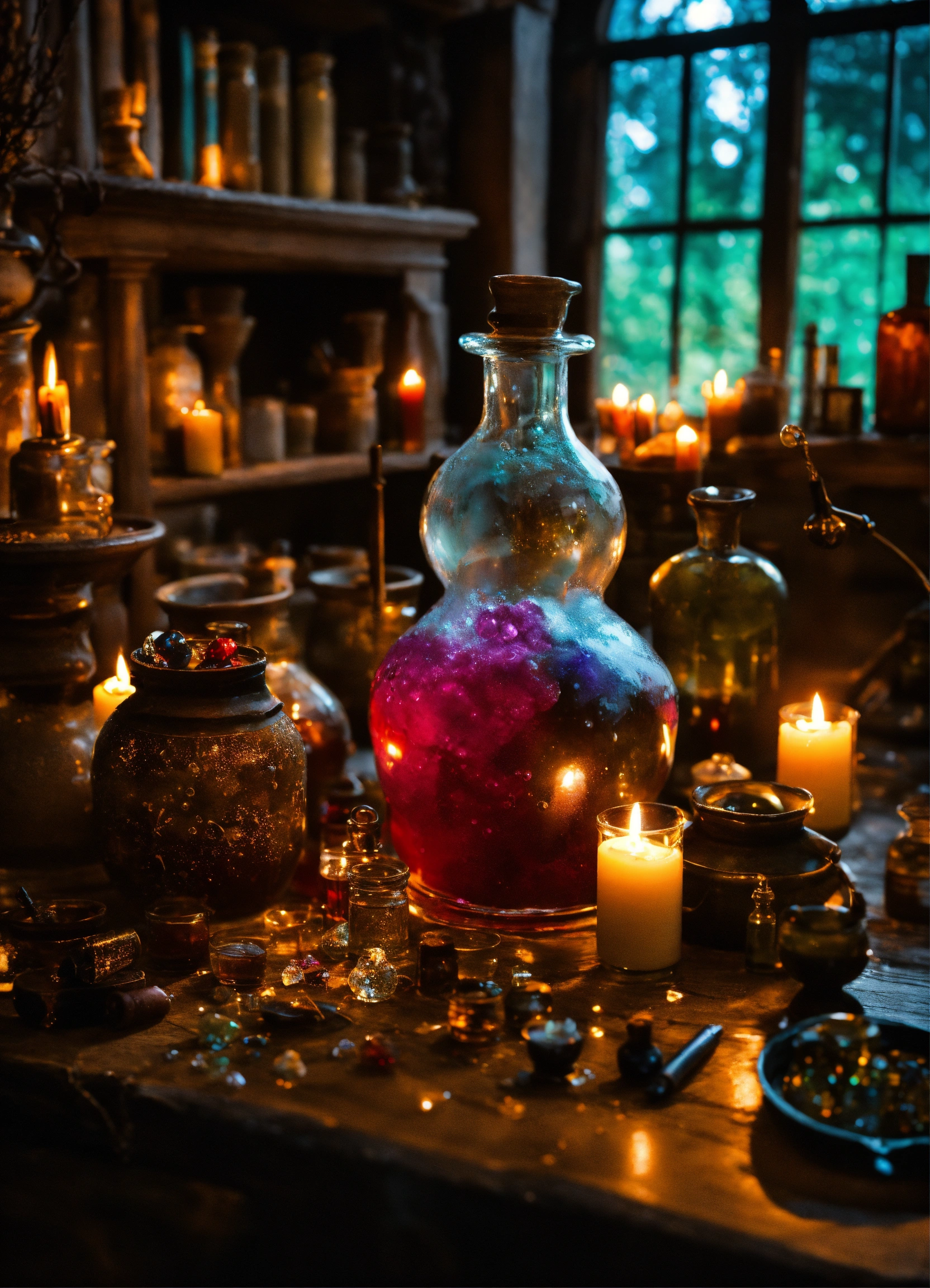 Lexica - A table full of potions, candles, crystals, and a pot of ...