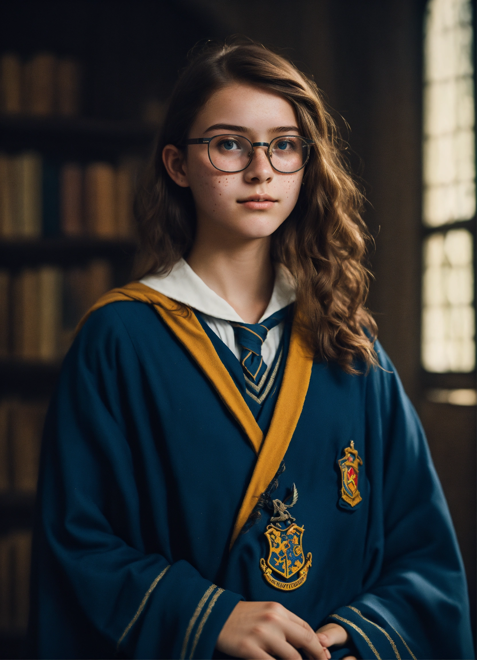 Lexica - A 14 years old girl who has glasses, brown hair and freckles ...