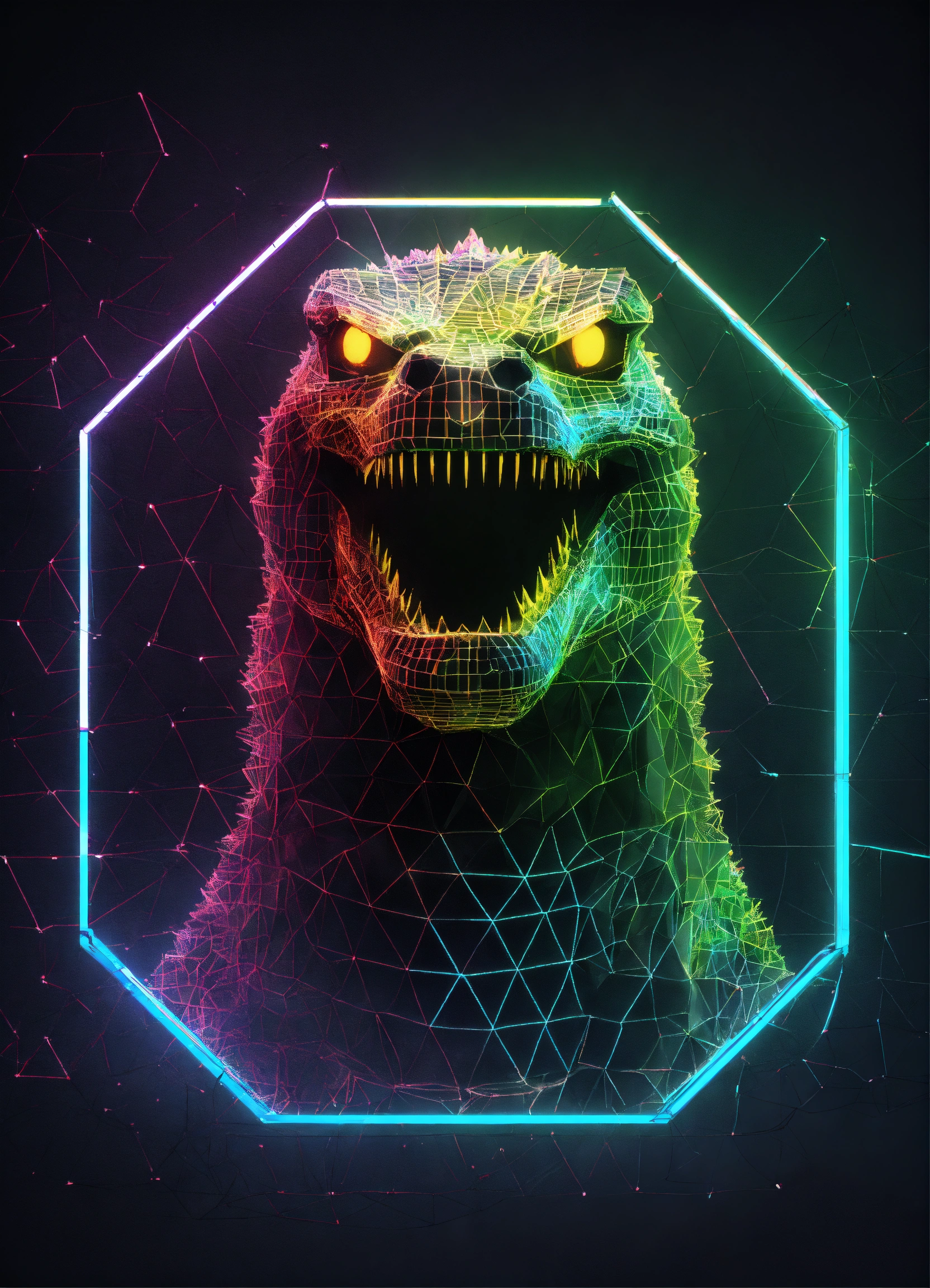 Lexica - Digital wire neon Frame Godzilla polygon with small eyes 3d ...