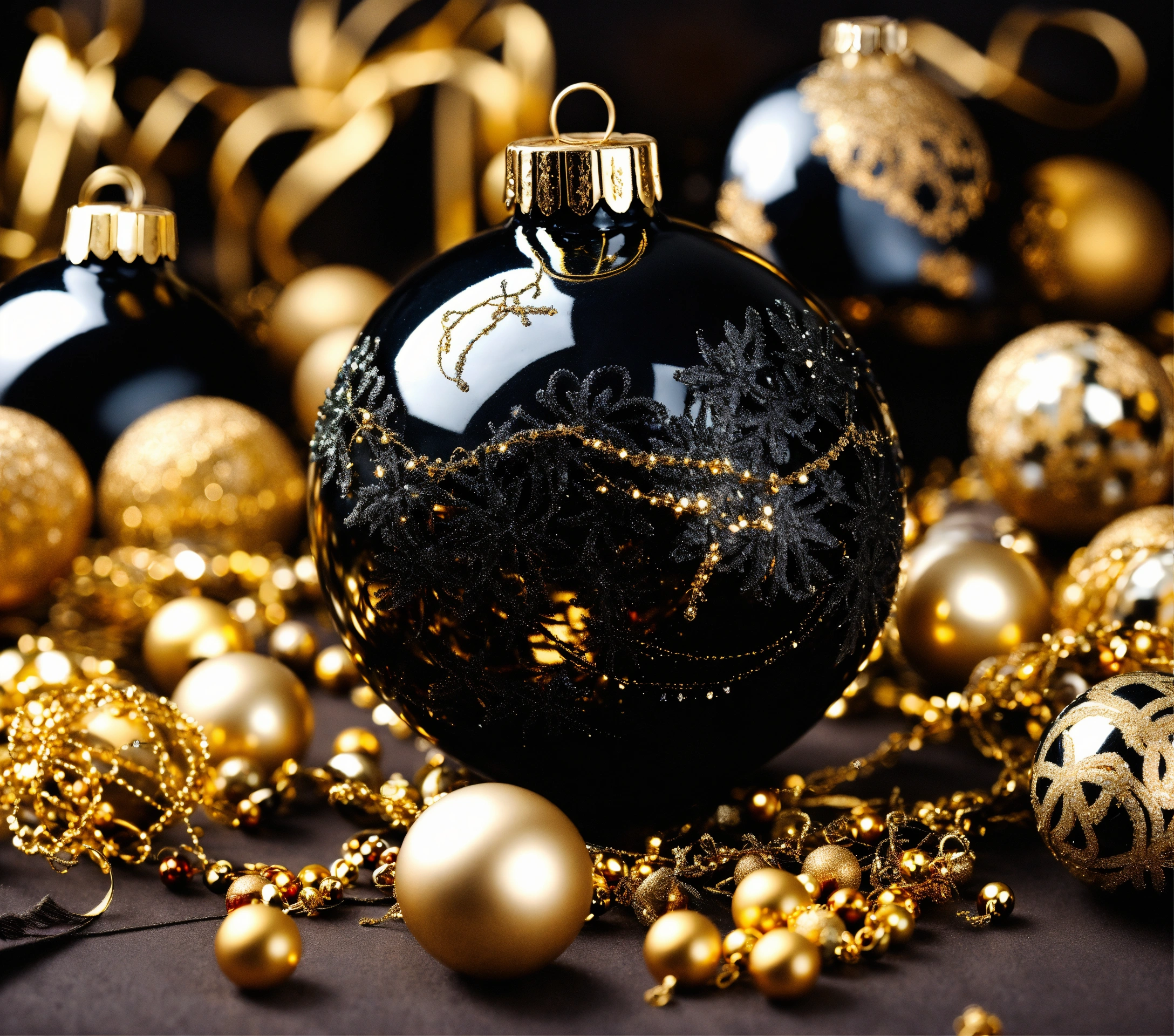 Lexica - Black Christmas ornaments, sparkling, gorgeous, gold and black